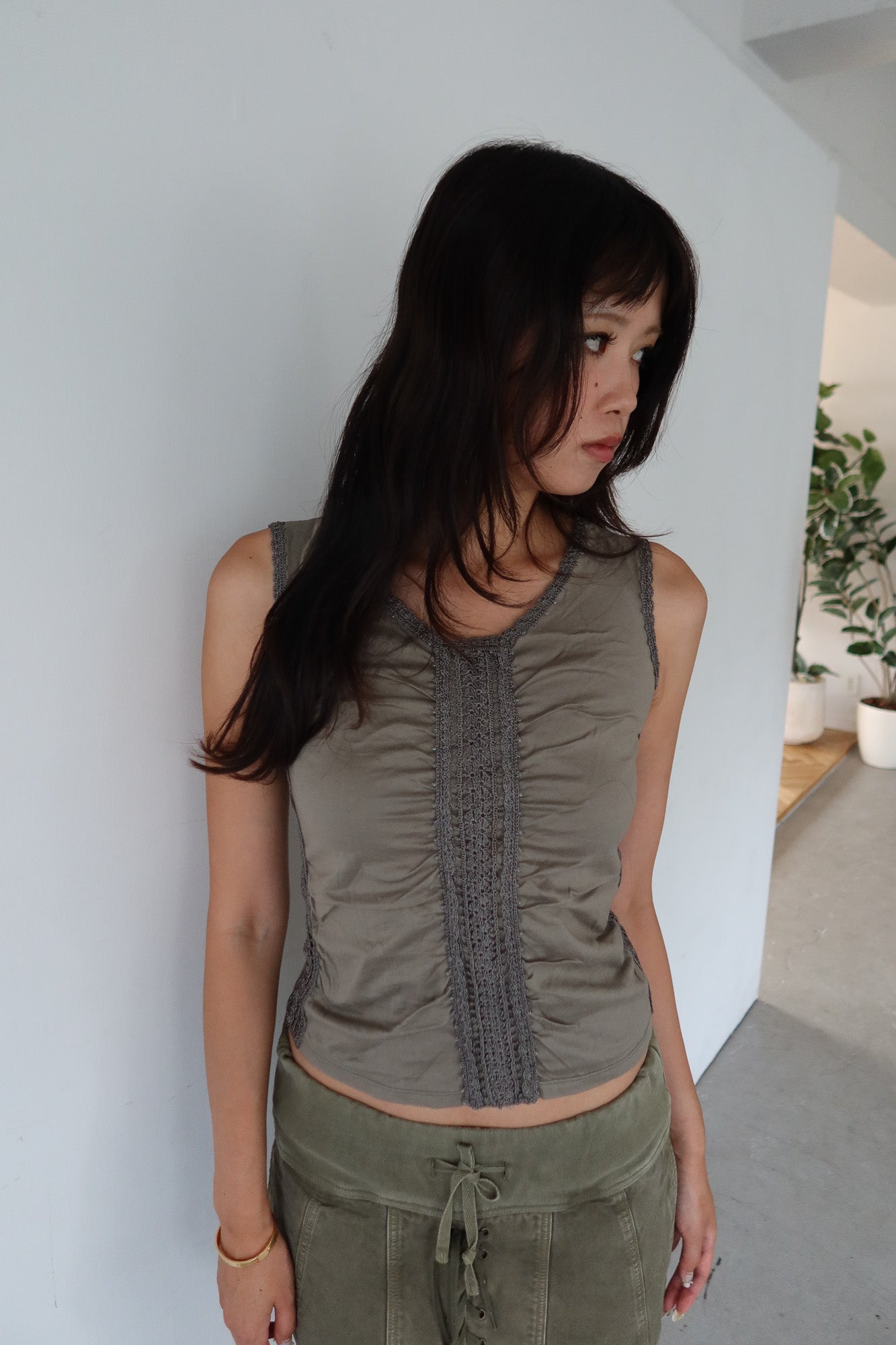 ruched lace panel top