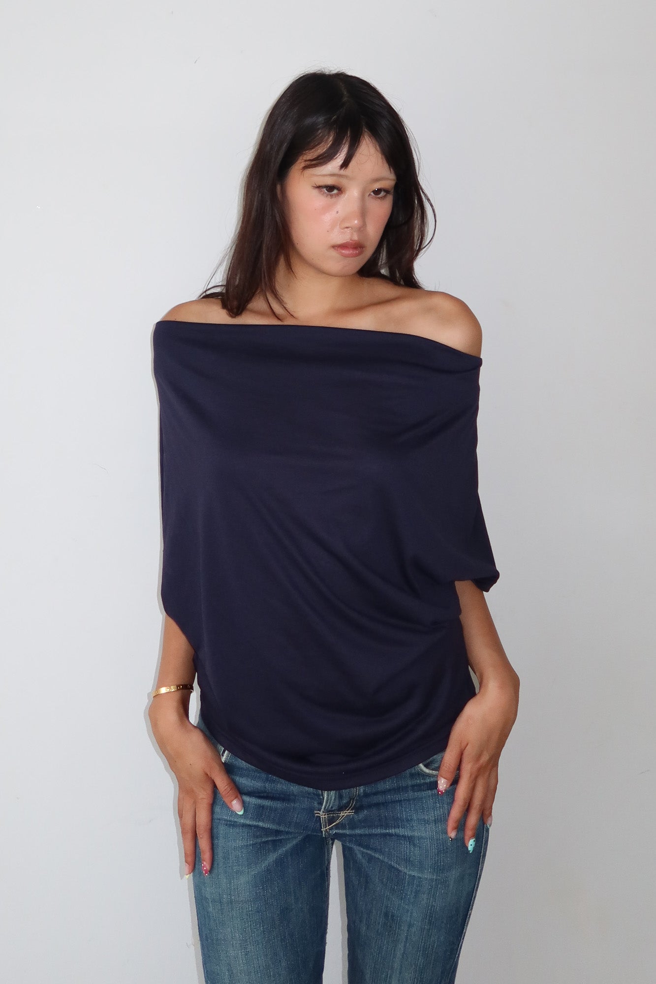 navy cowl neck top