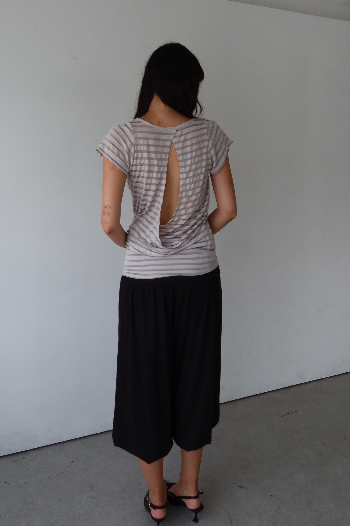 stripe off shoulder top with drapey back