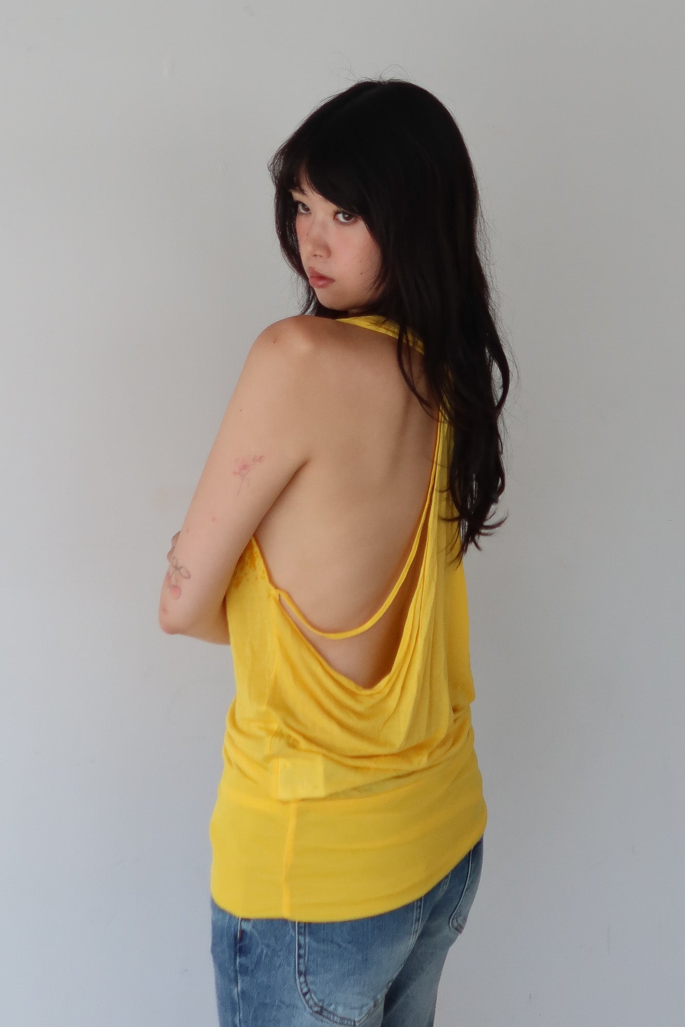 yellow cowl neck top