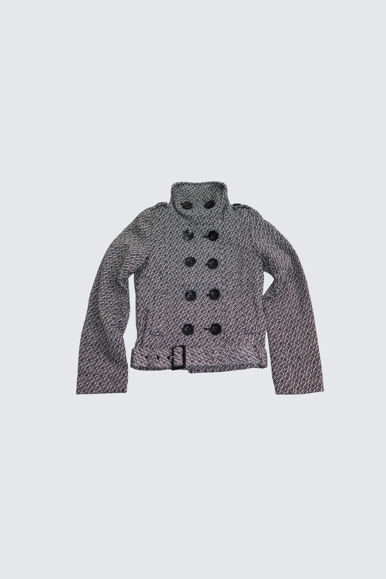 funnel neck belted jacket