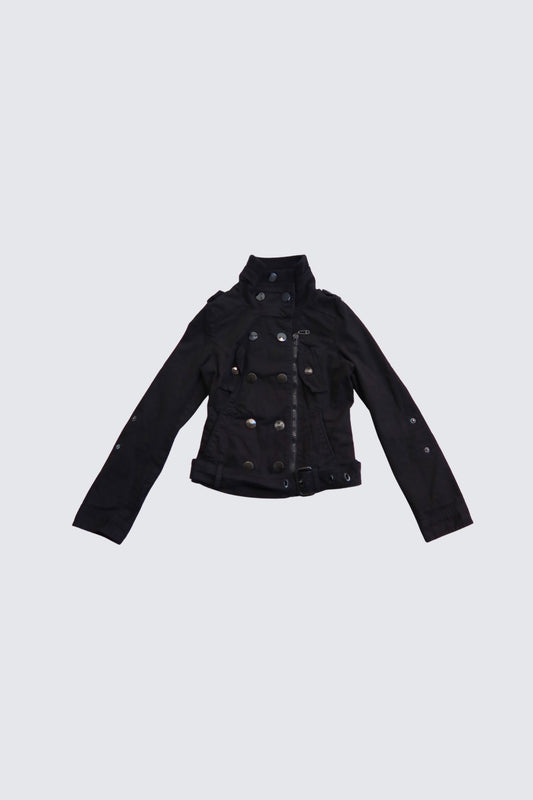 belted military jacket with funnel neck