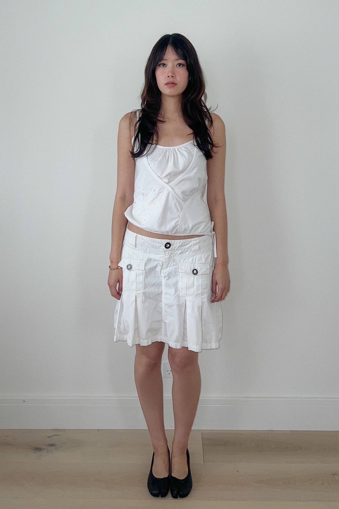 low waisted white skirt