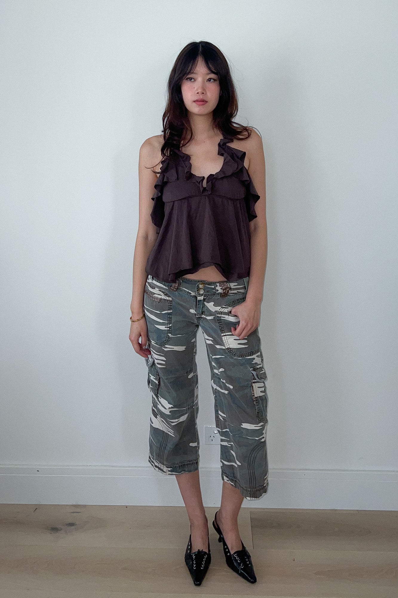 brown ruffle halter neck