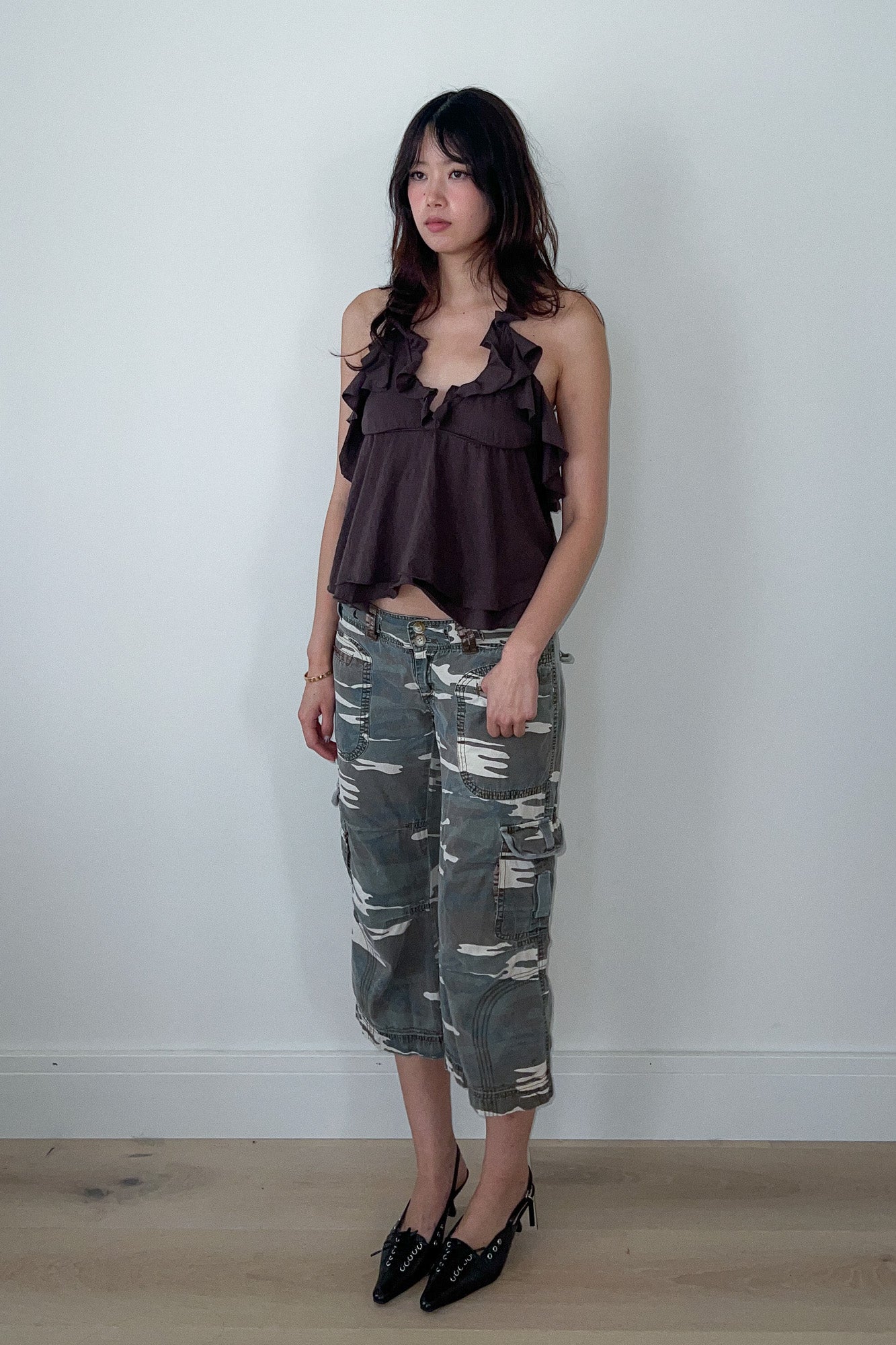 brown ruffle halter neck