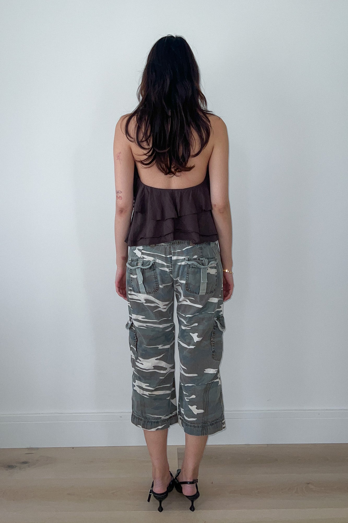 brown ruffle halter neck