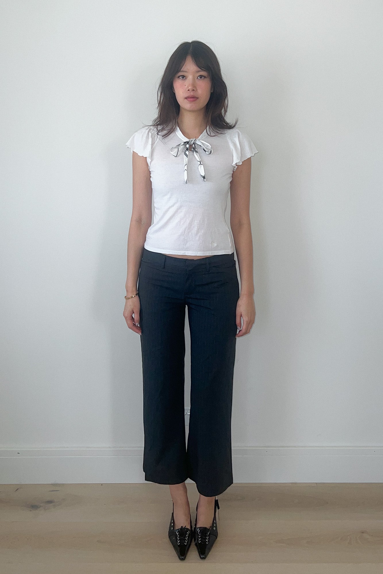 burberry blue label | ruffle sleeve shirt with checkered neck tie