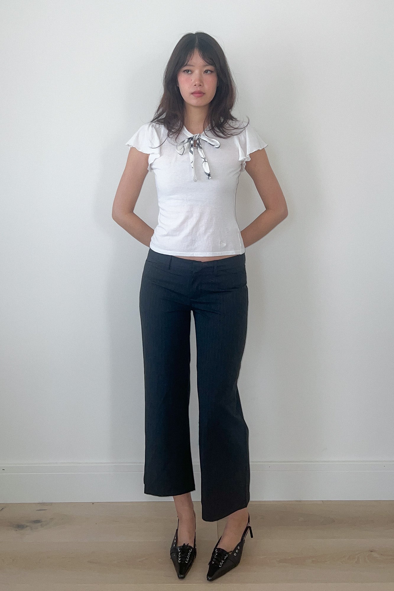 burberry blue label | ruffle sleeve shirt with checkered neck tie