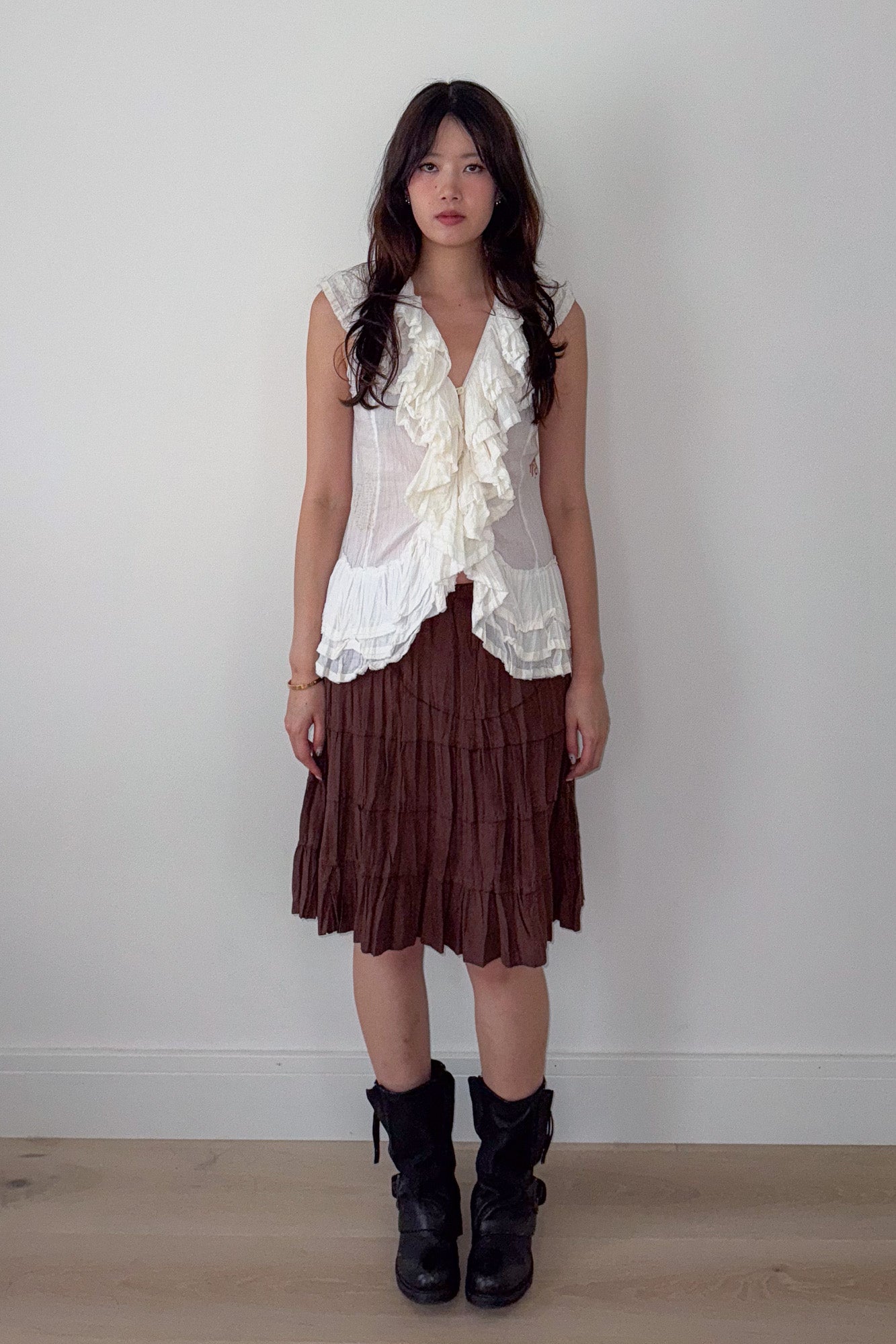 brown layered midi skirt