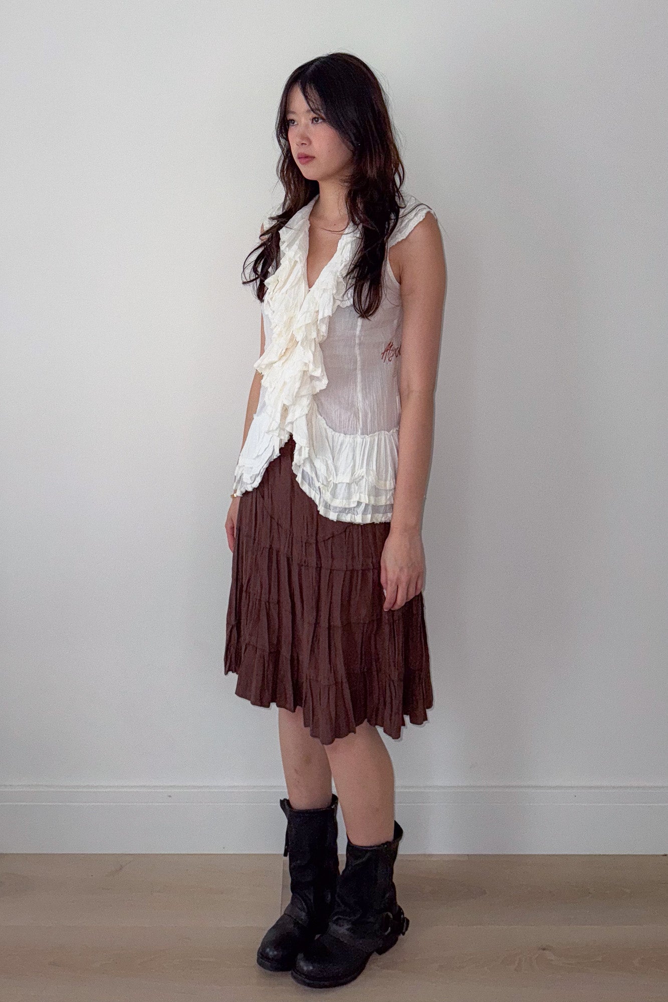 brown layered midi skirt