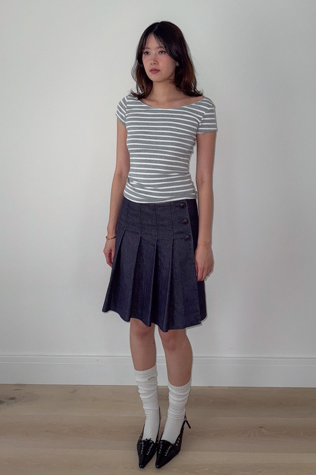 denim pleated skirt