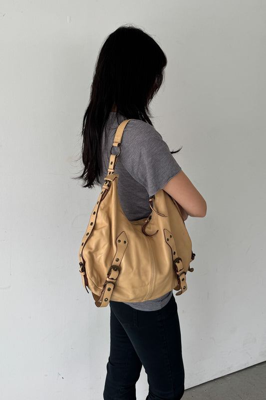tan leather buckle bag
