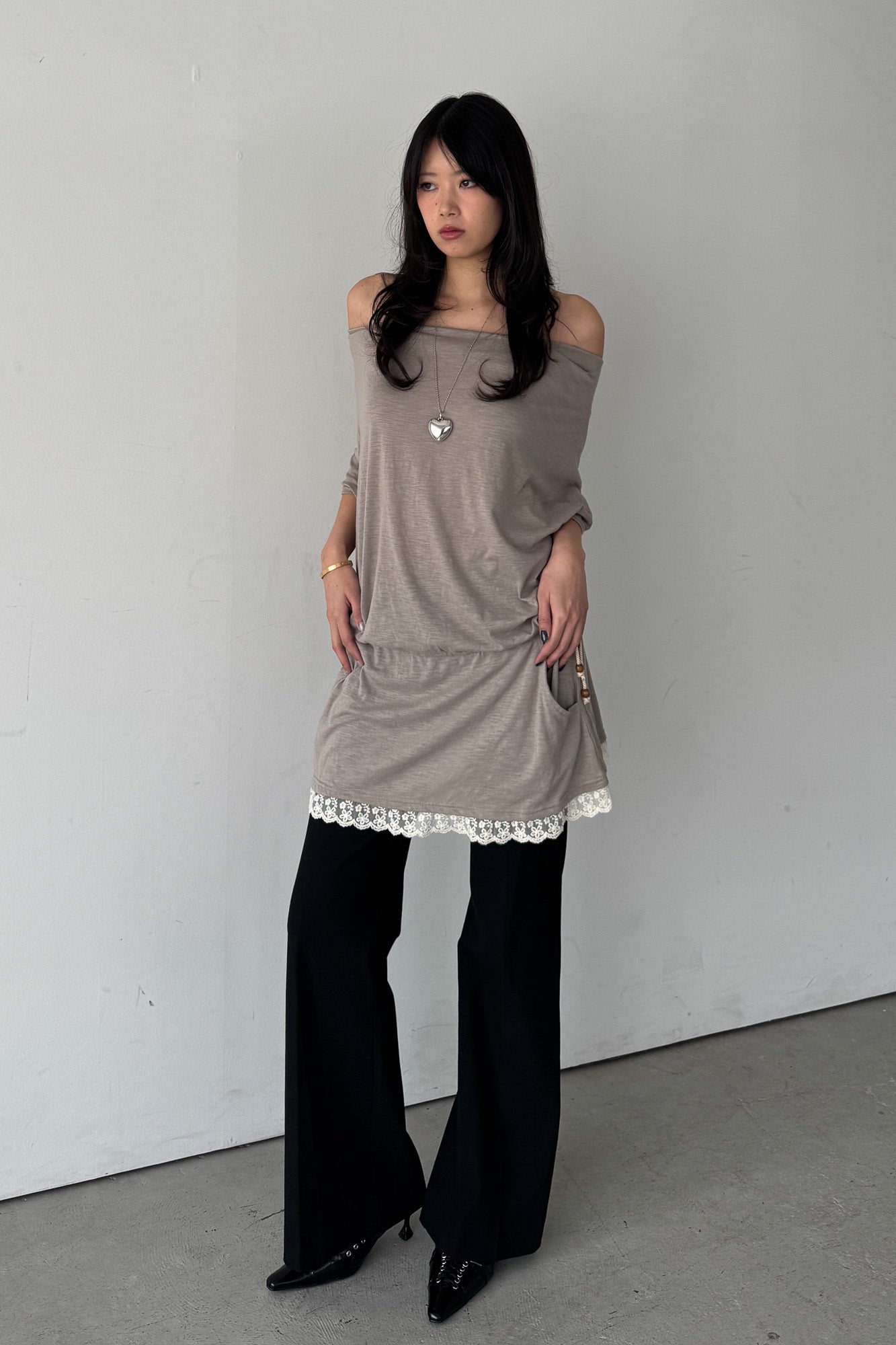beige off shoulder dress