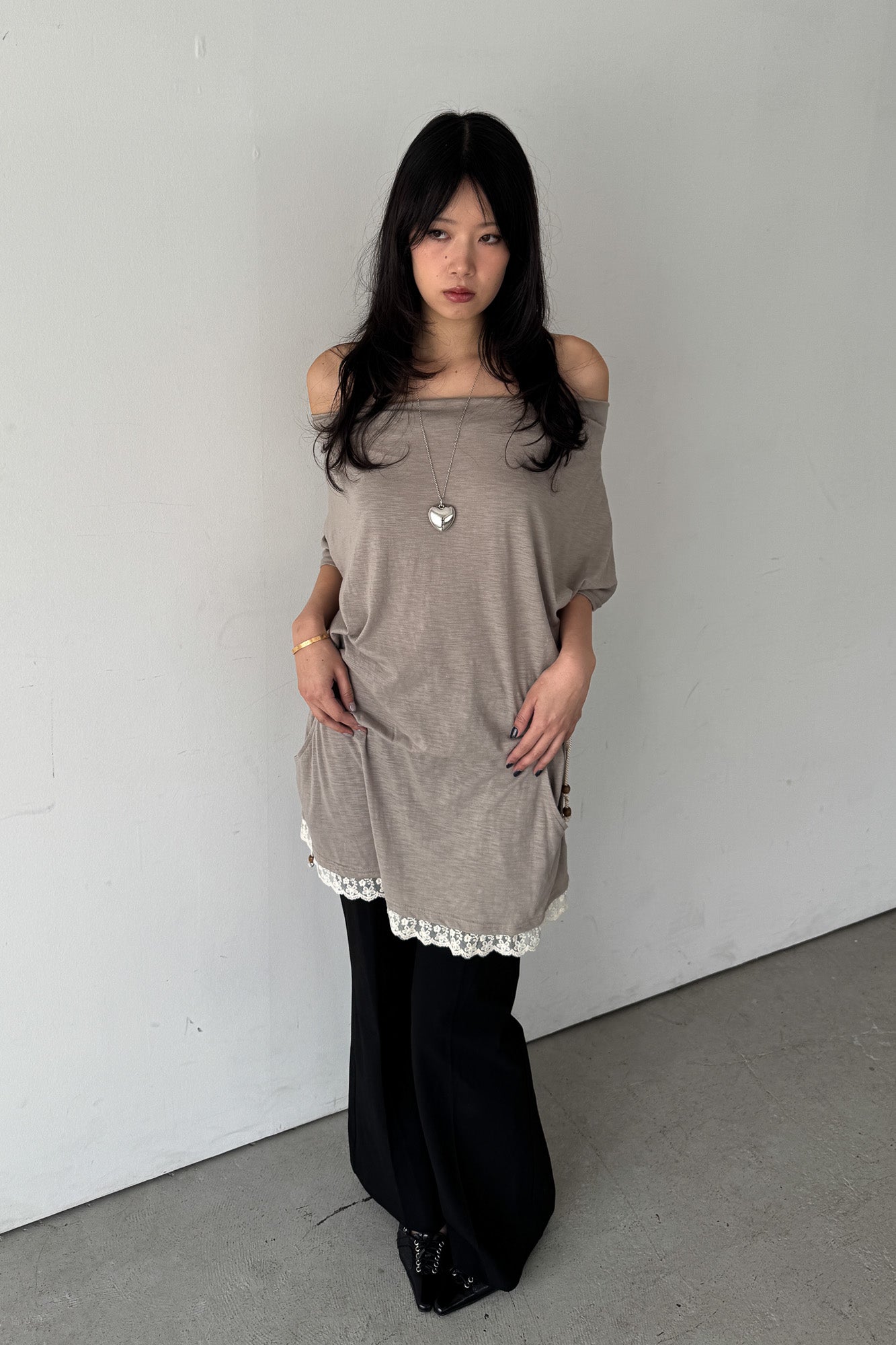 beige off shoulder dress