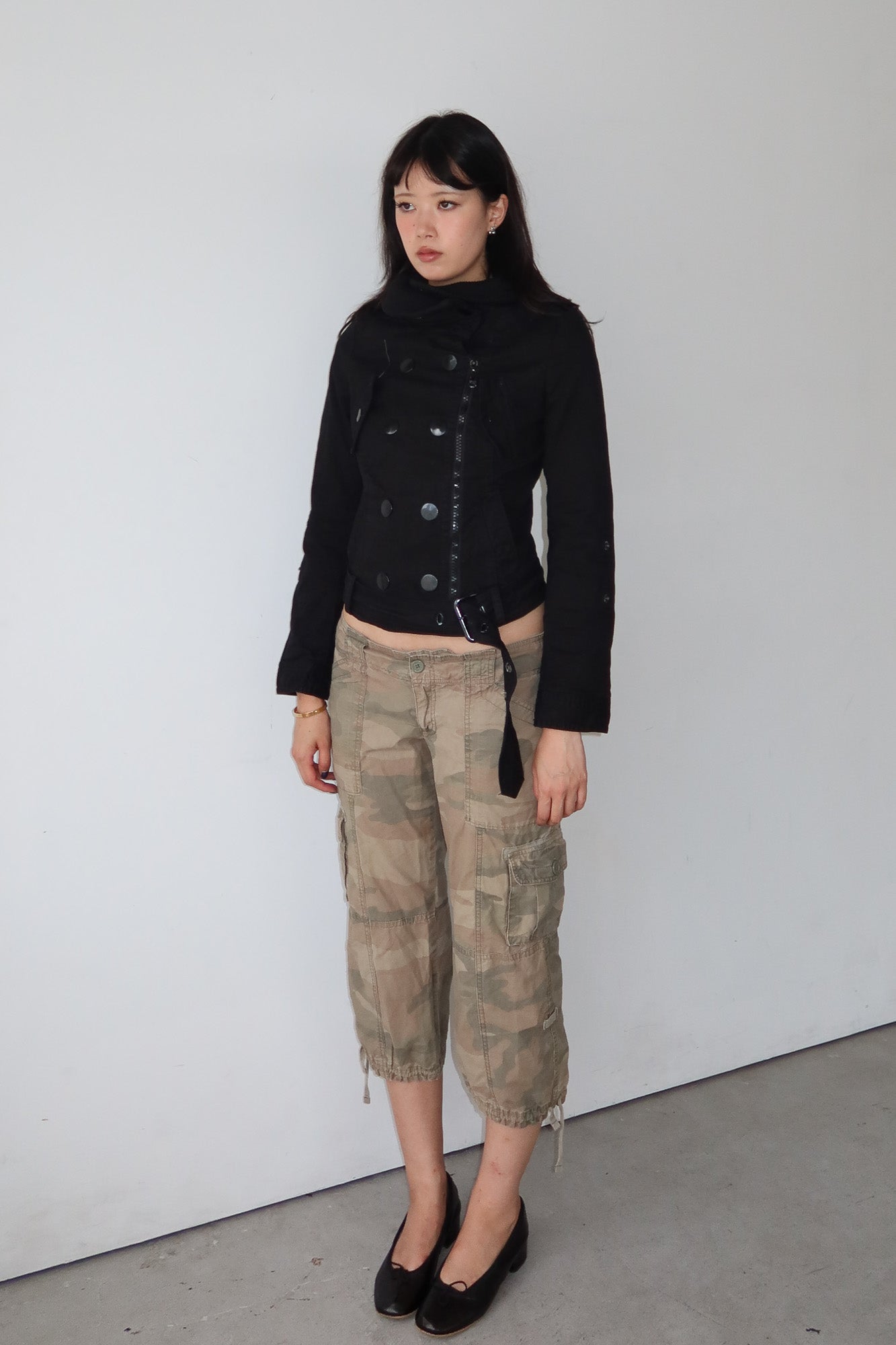 belted military jacket with funnel neck