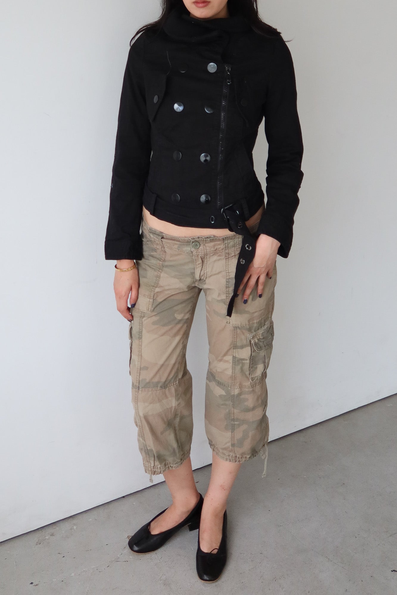 belted military jacket with funnel neck
