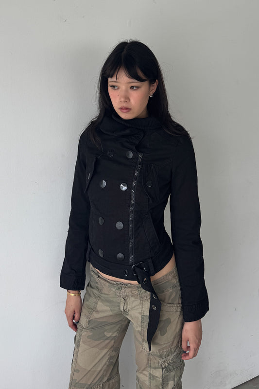 belted military jacket with funnel neck