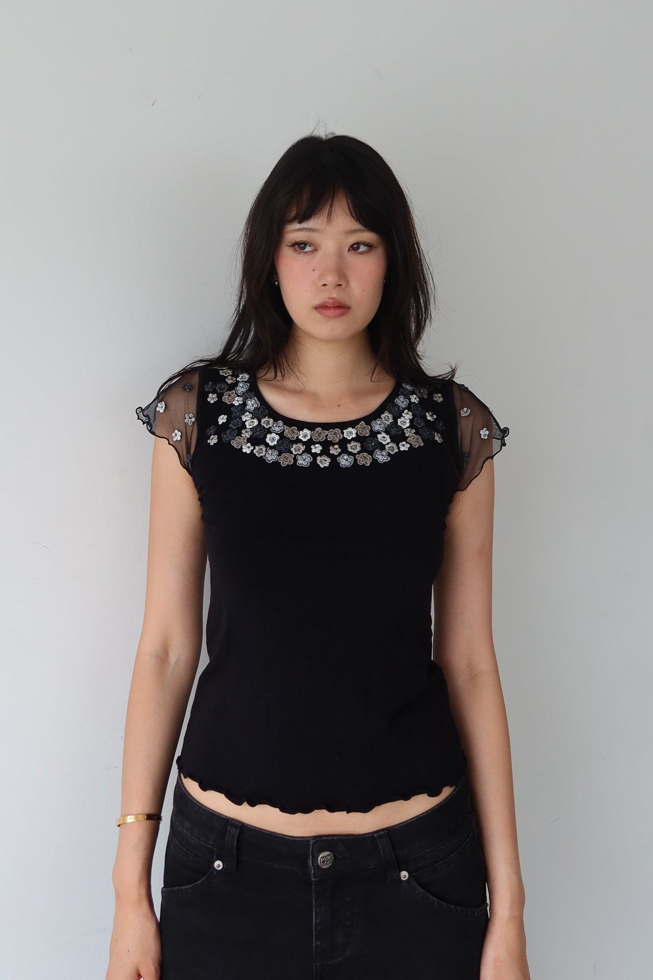 embellished flower lace top