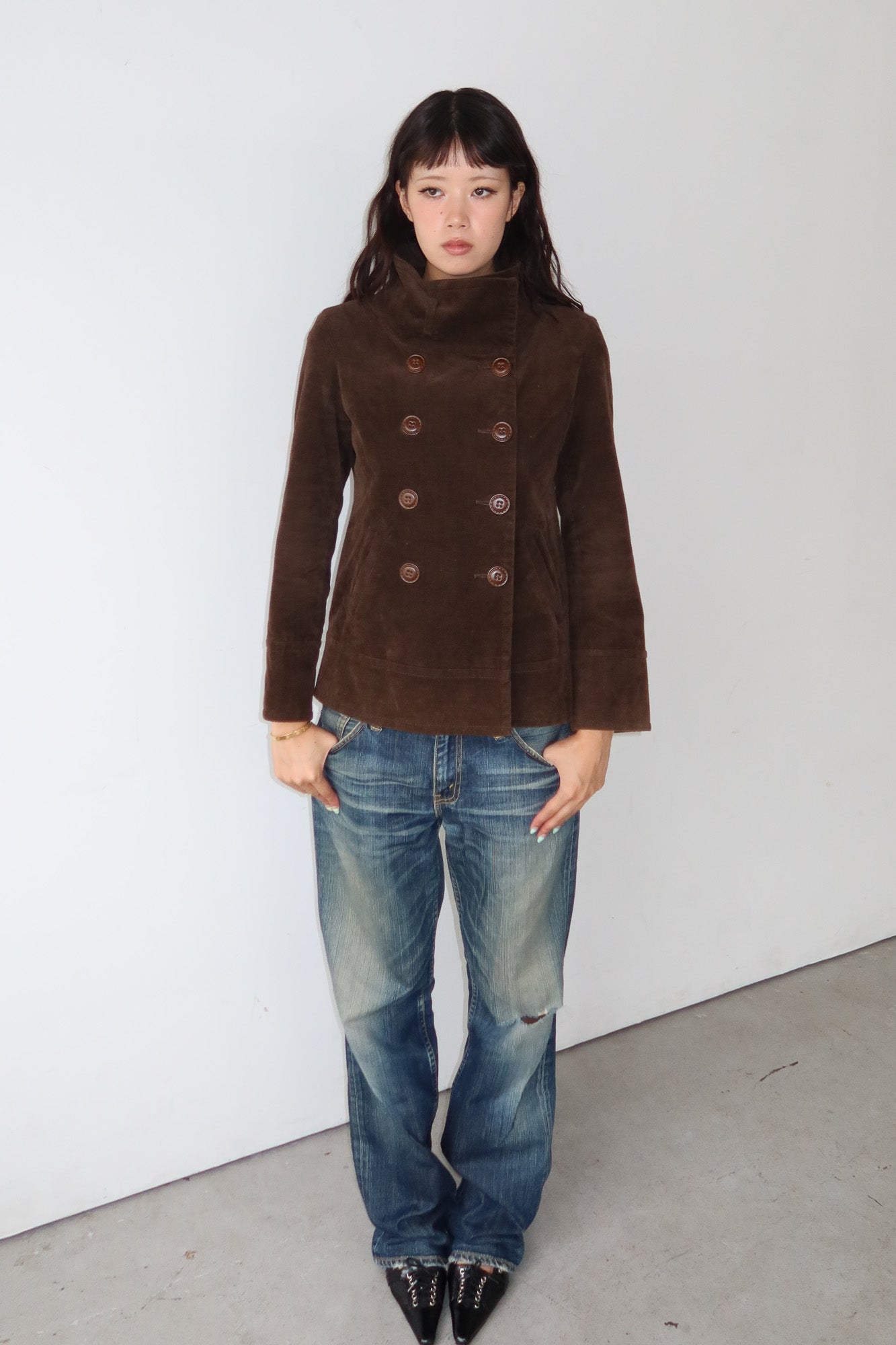 brown funnel neck jacket