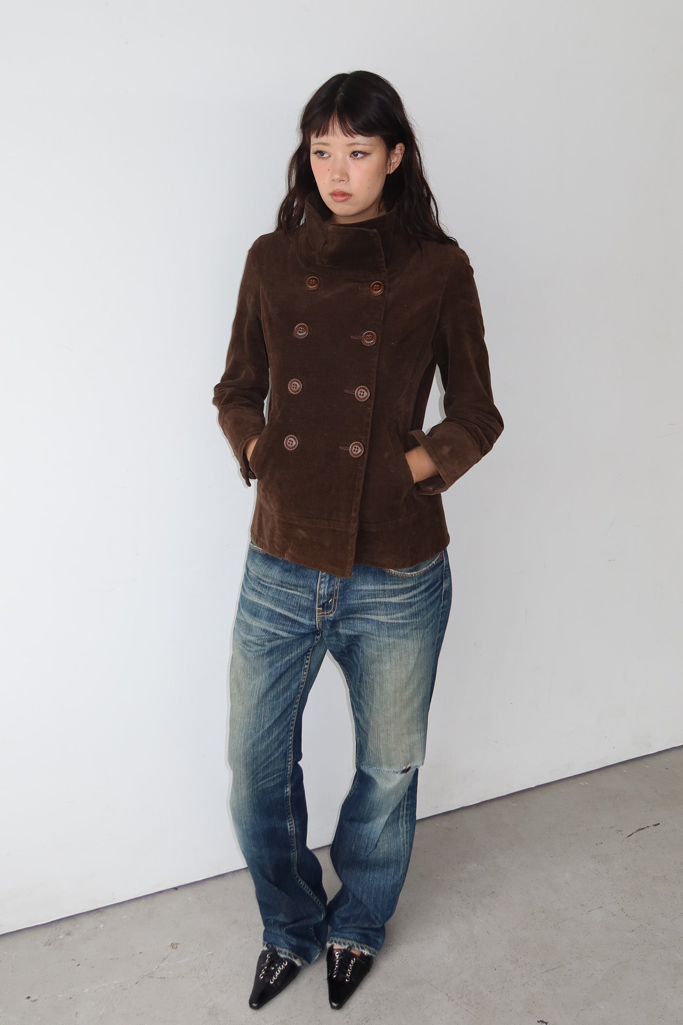 brown funnel neck jacket