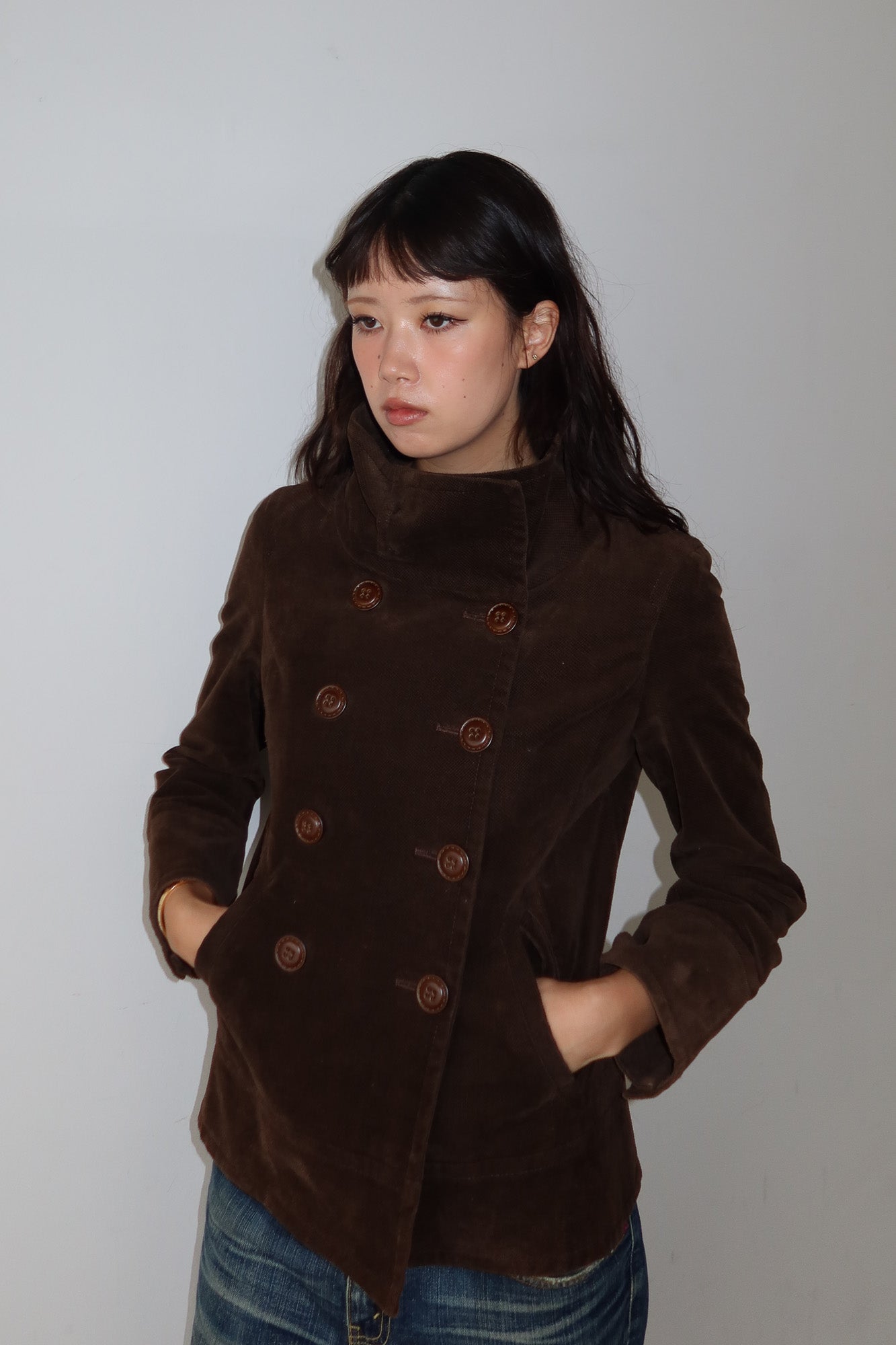 brown funnel neck jacket
