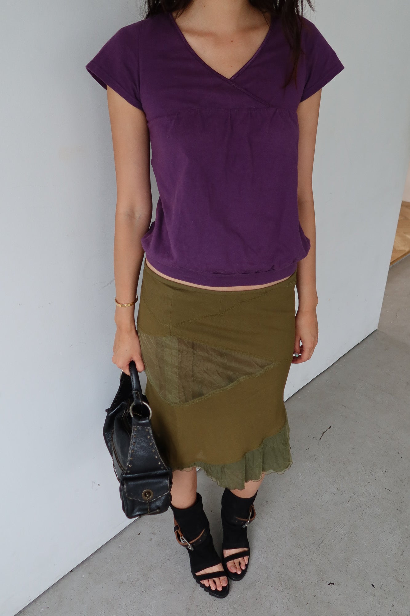 olive contrast panel skirt