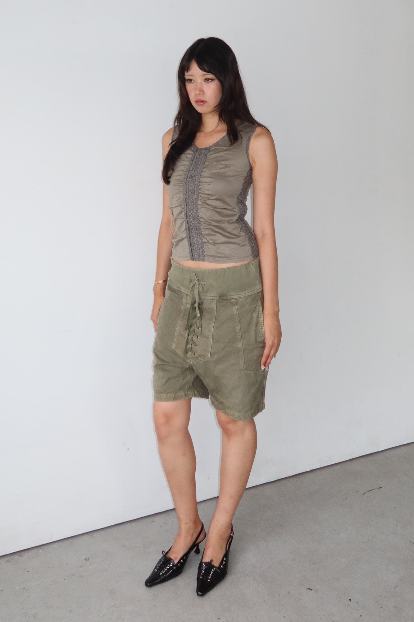 ruched lace panel top
