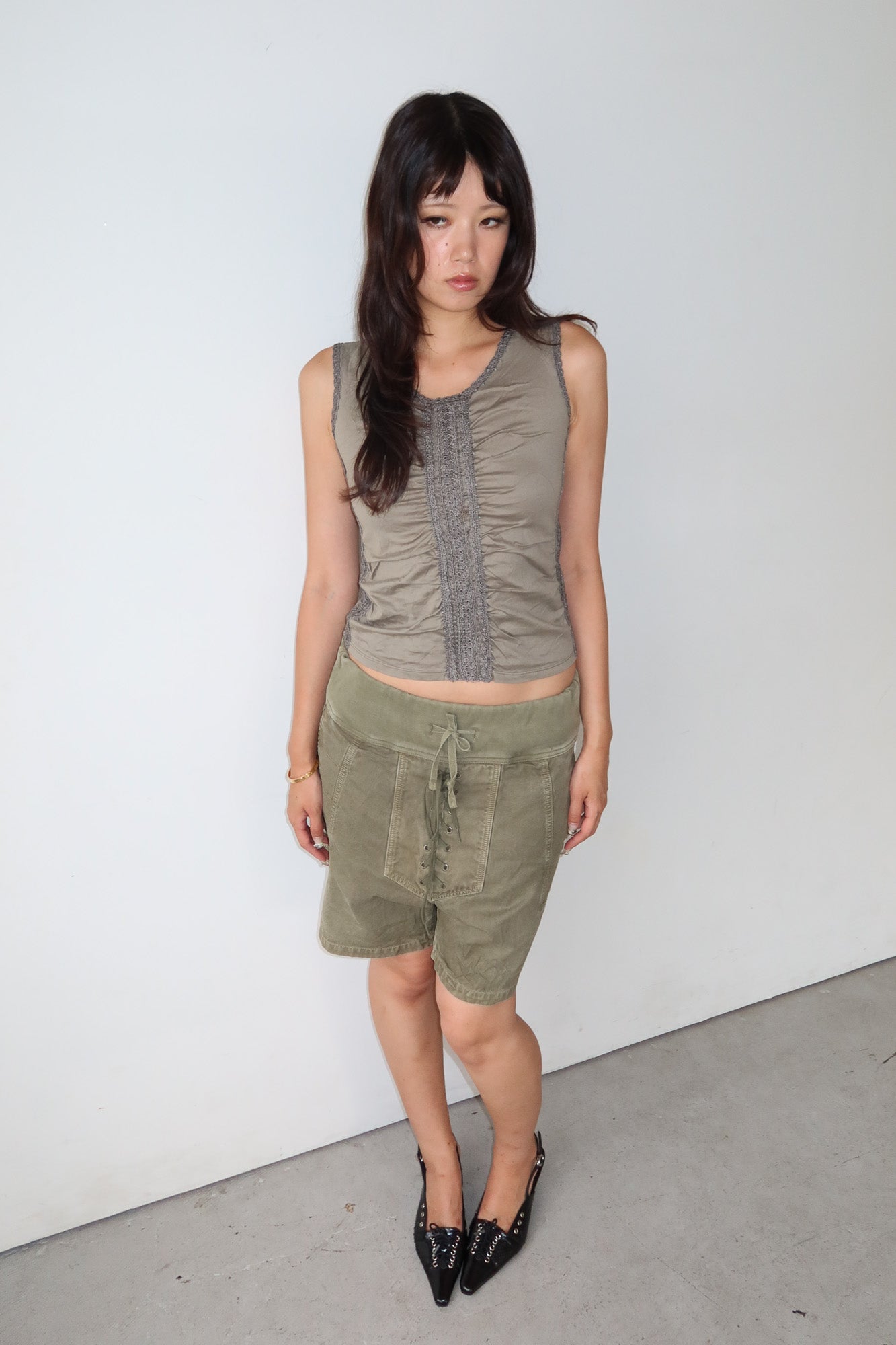 ruched lace panel top