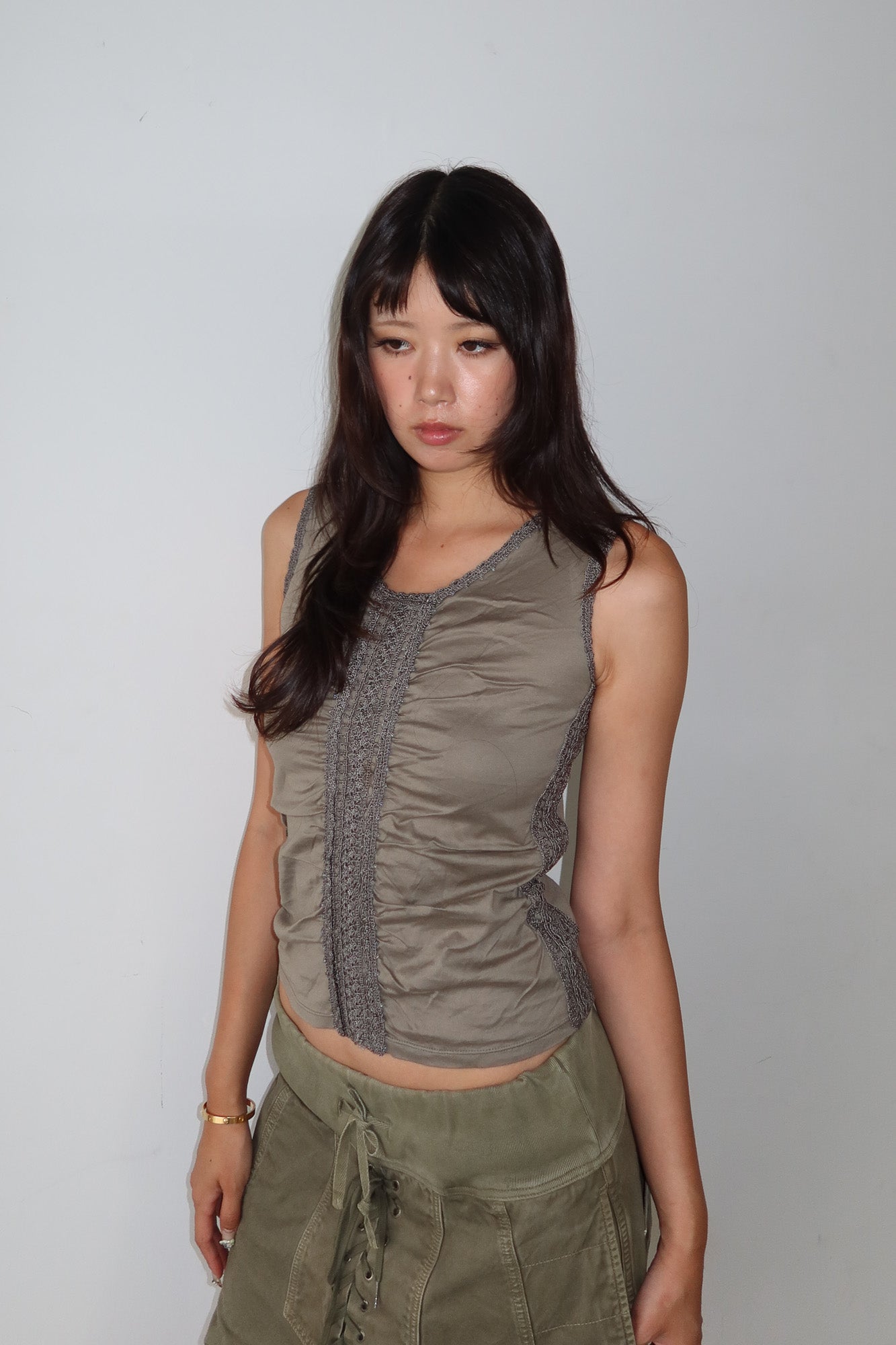ruched lace panel top