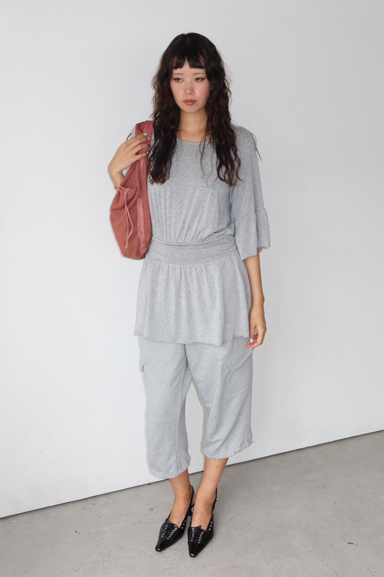 grey ruffle sleeve dress