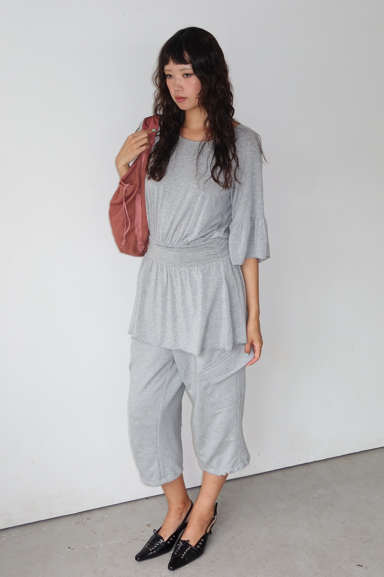 grey ruffle sleeve dress
