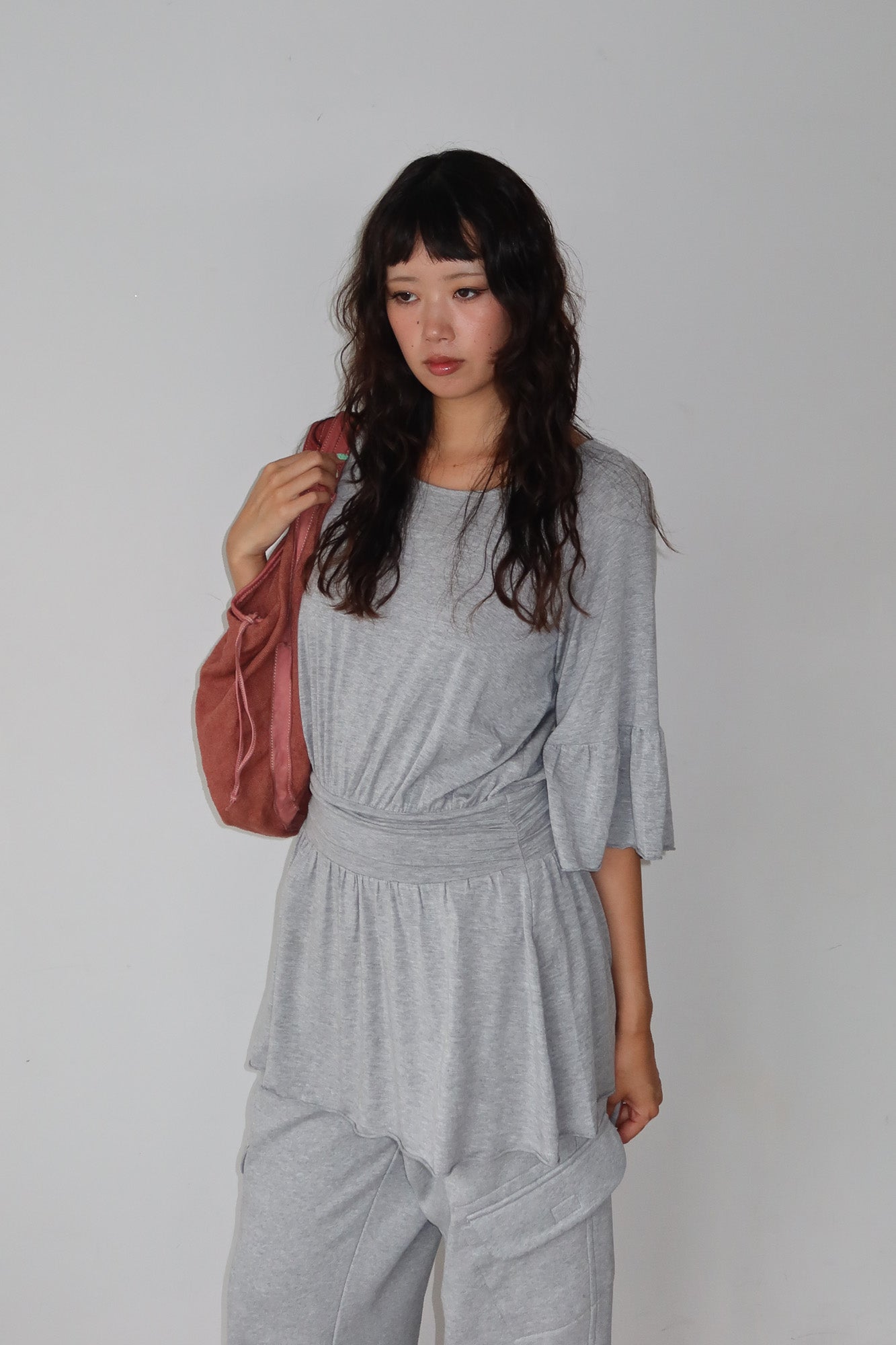 grey ruffle sleeve dress