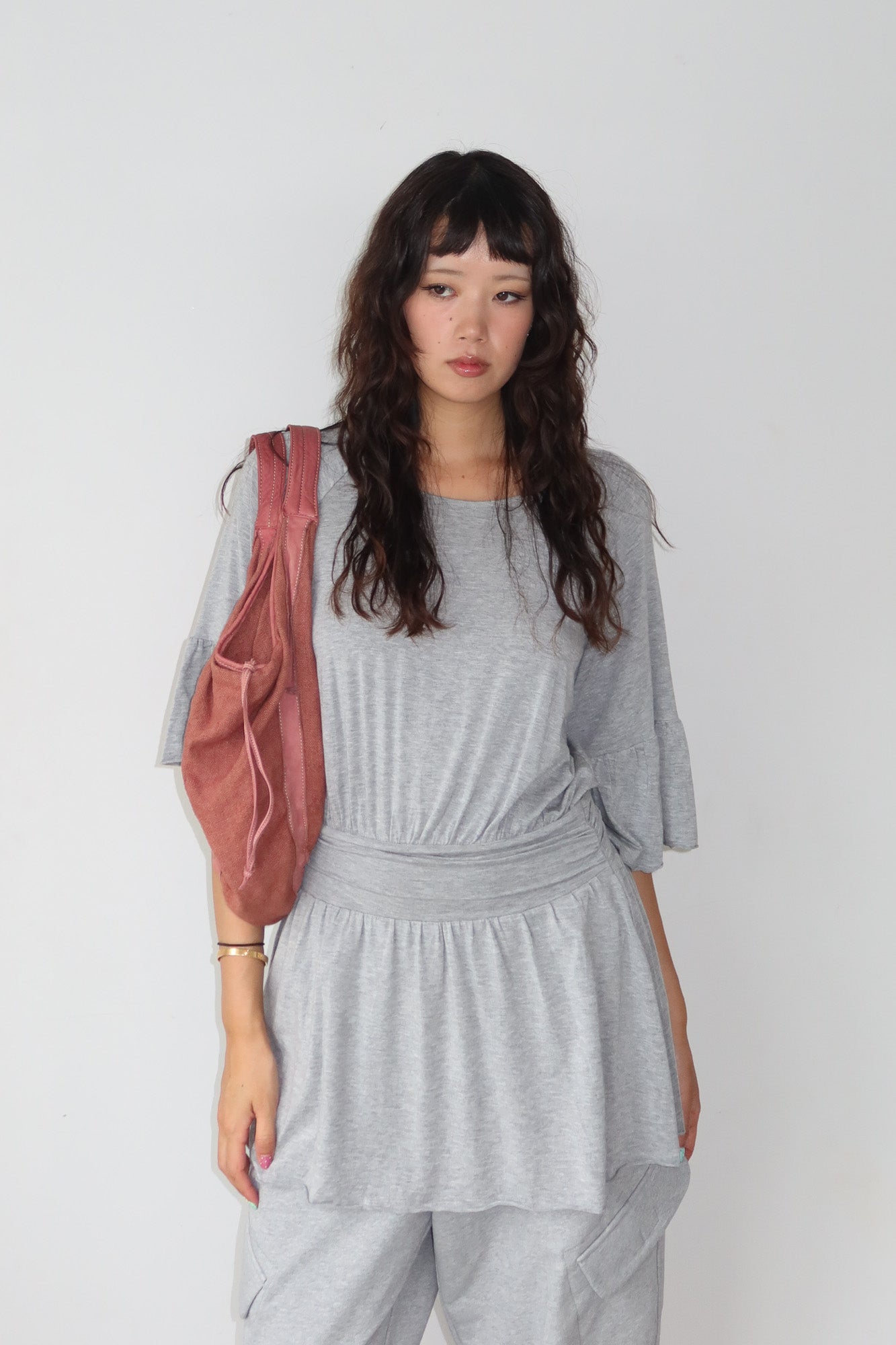 grey ruffle sleeve dress