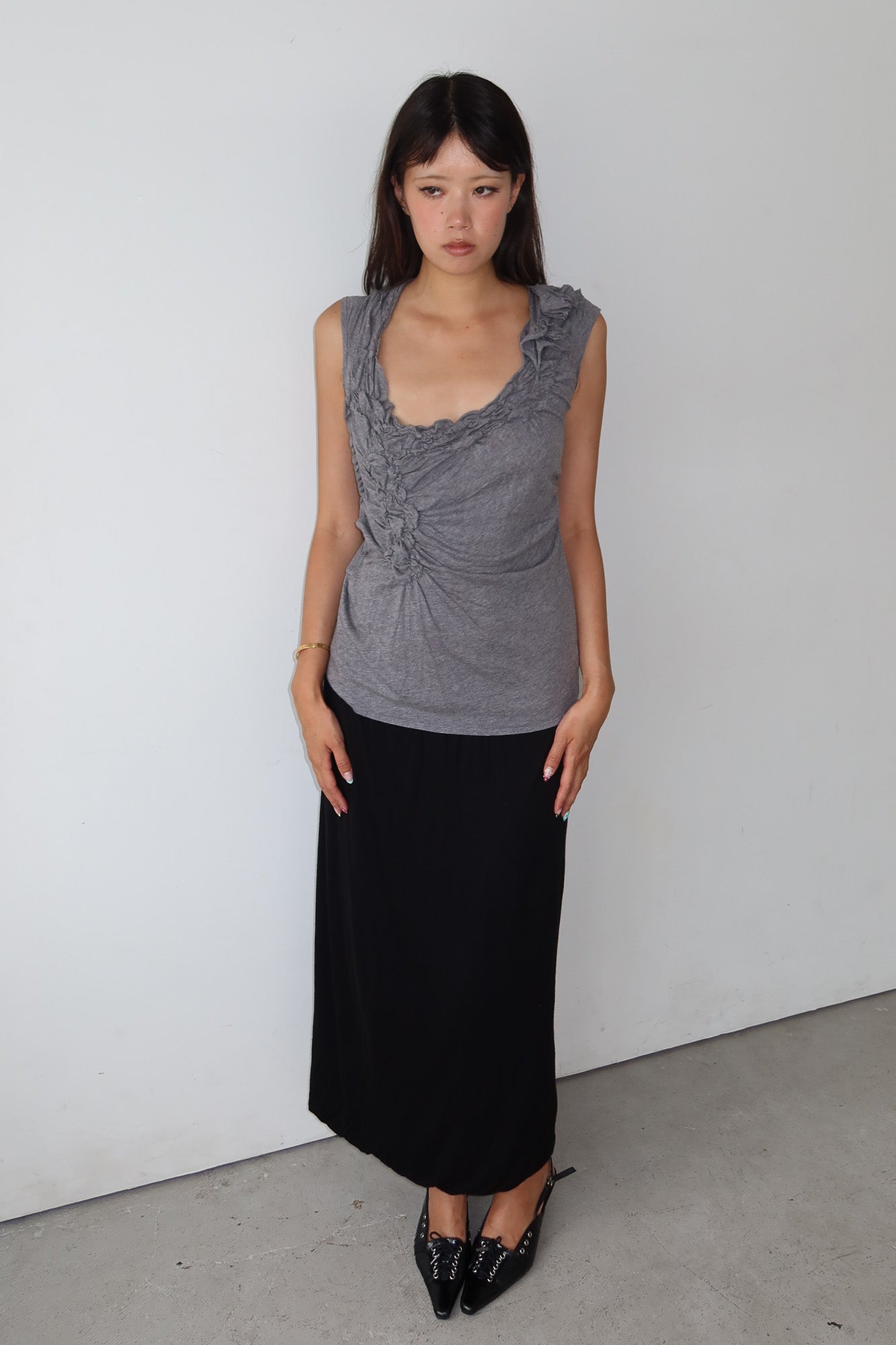 grey asymmetric ruched top