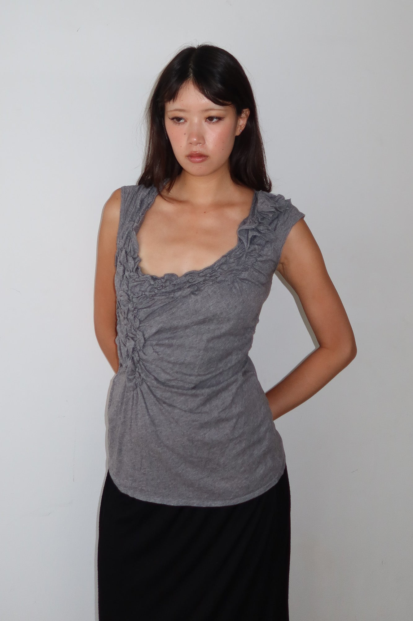 grey asymmetric ruched top