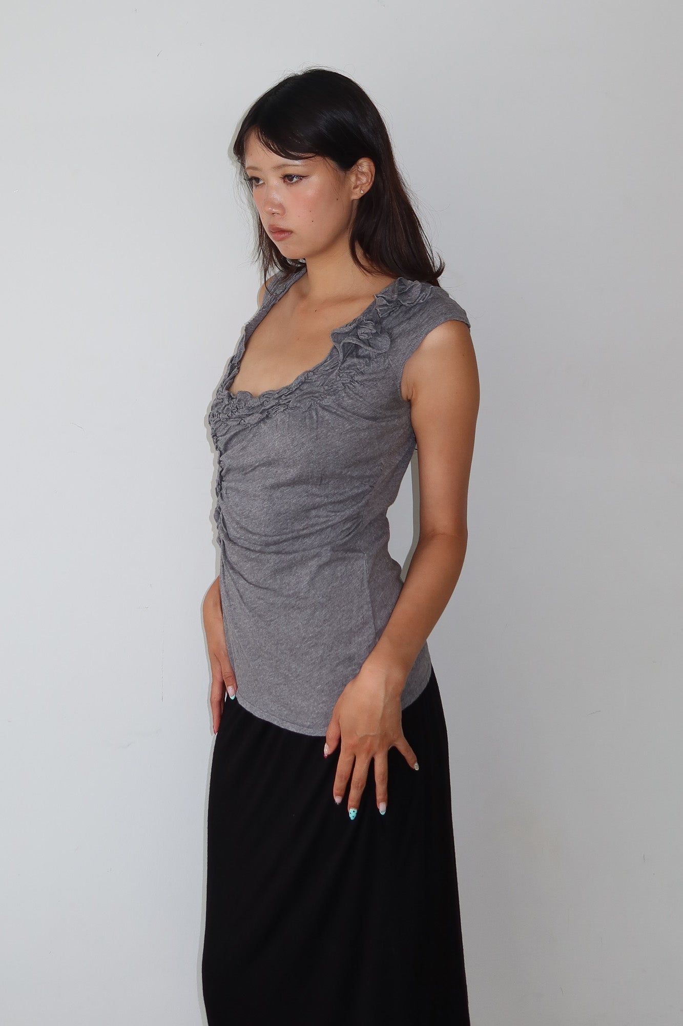 grey asymmetric ruched top