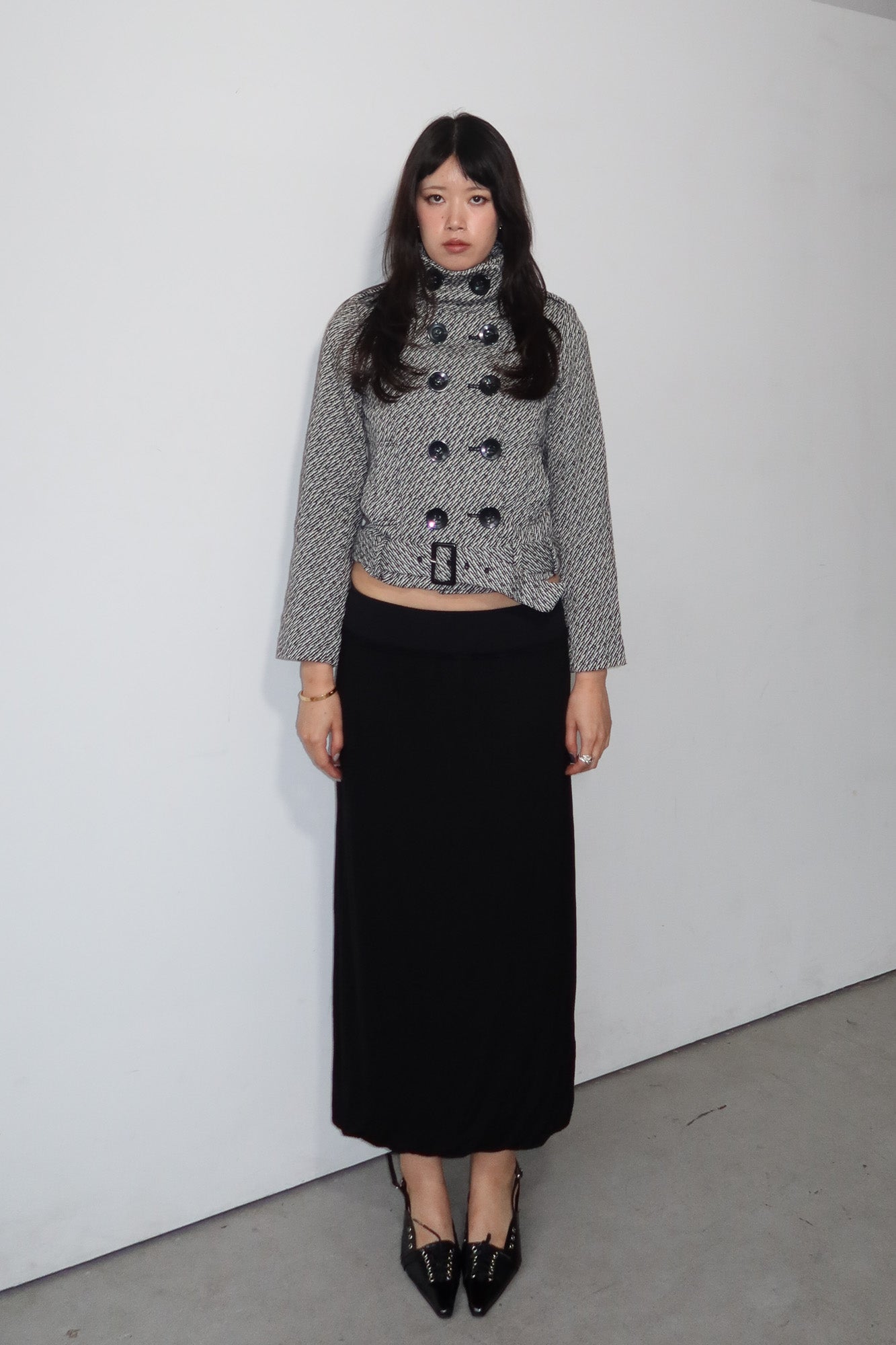 funnel neck belted jacket
