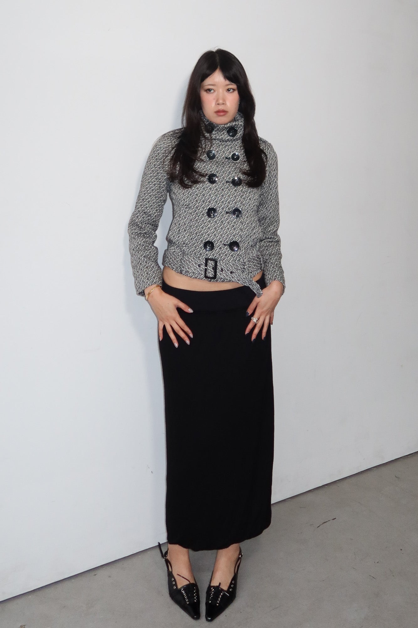 funnel neck belted jacket