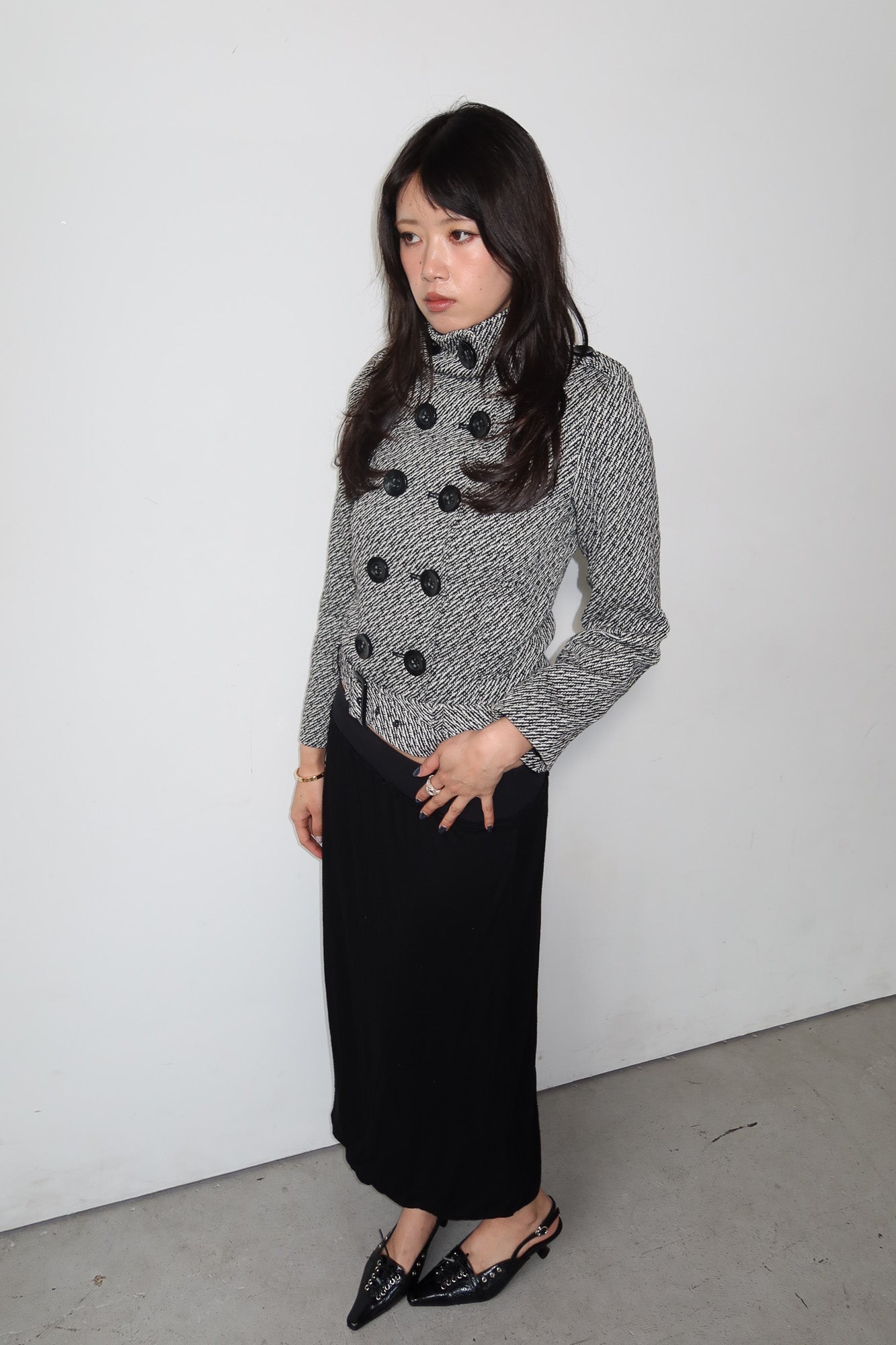funnel neck belted jacket