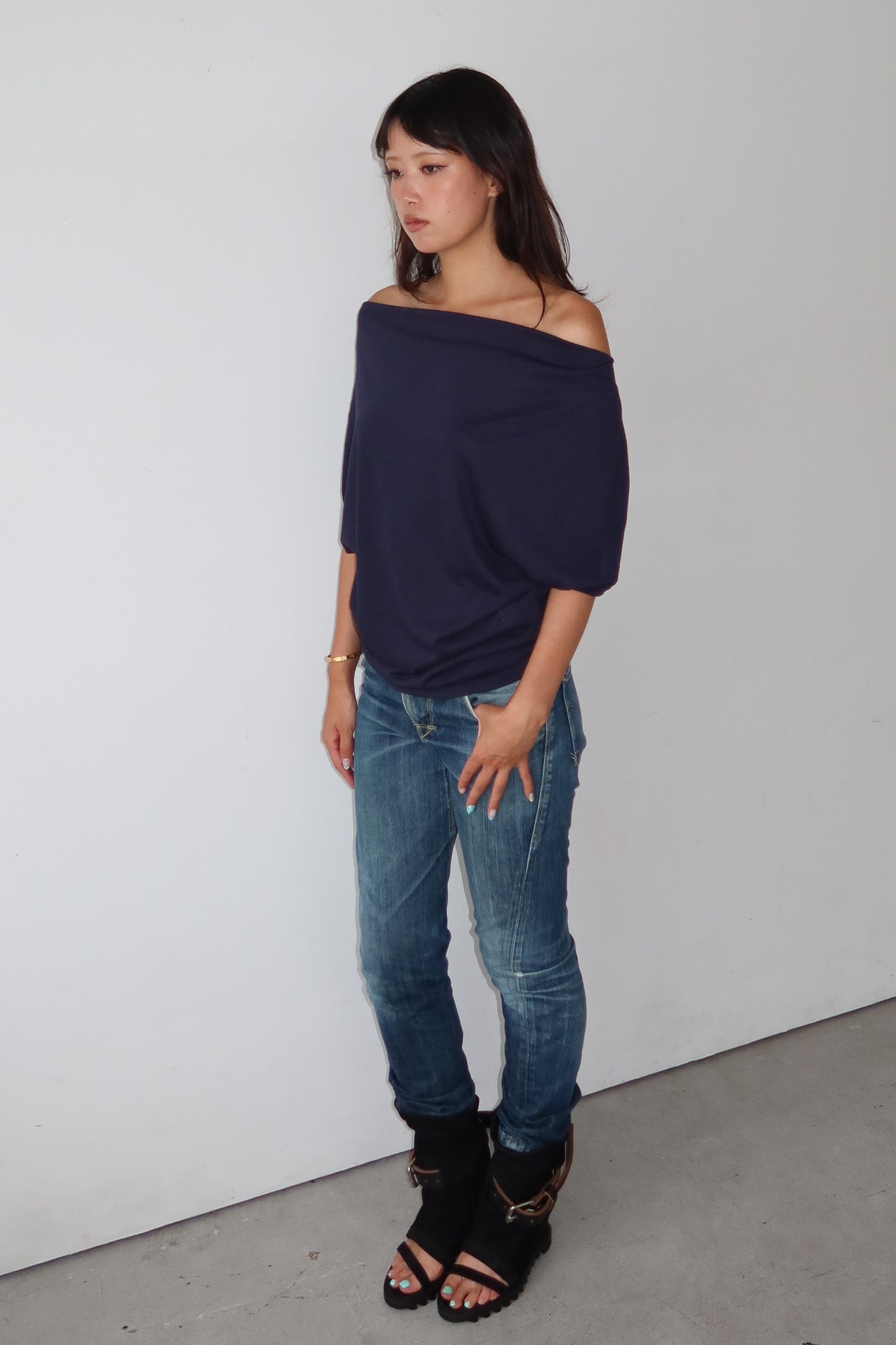 navy cowl neck top