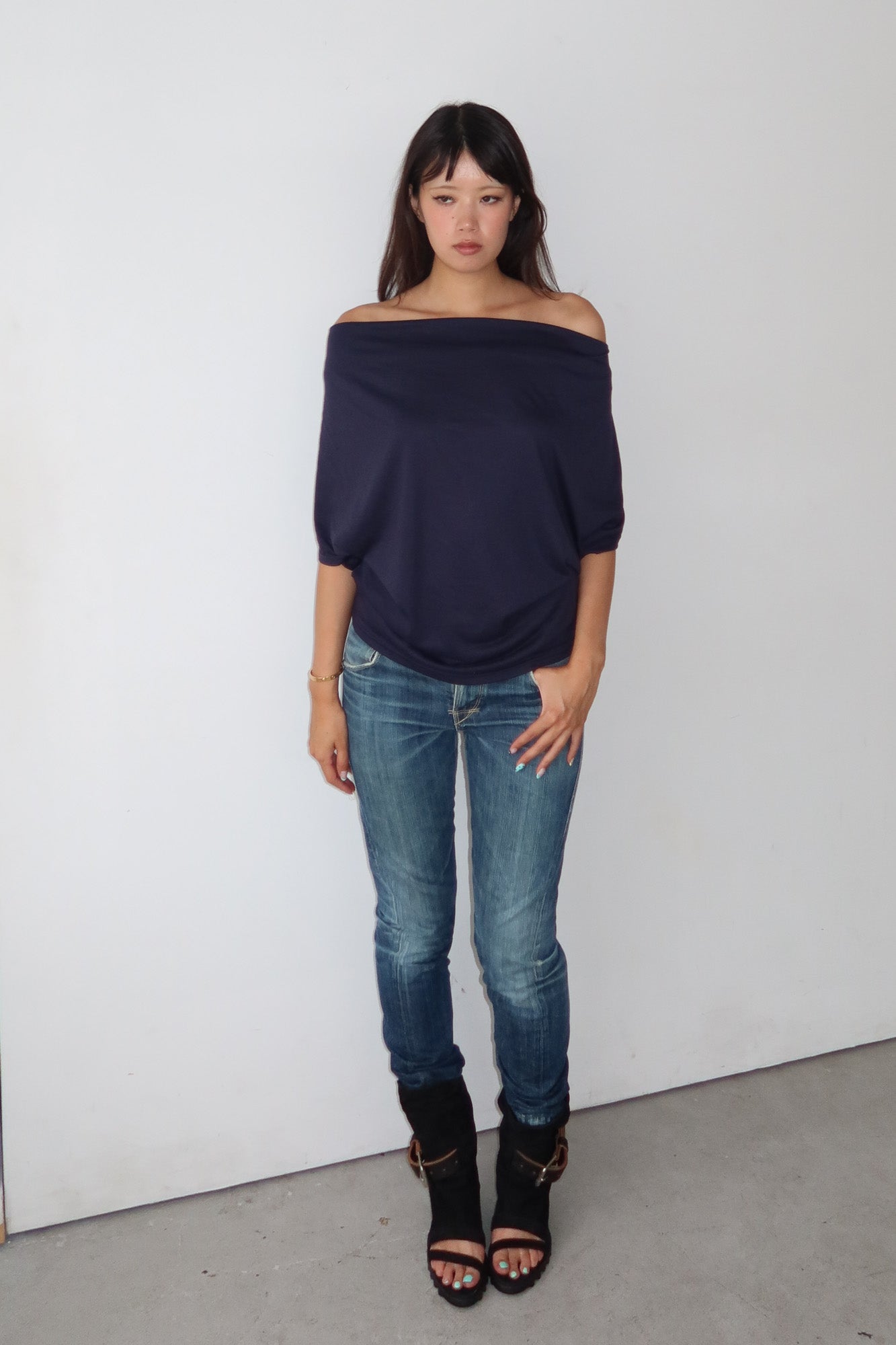 navy cowl neck top