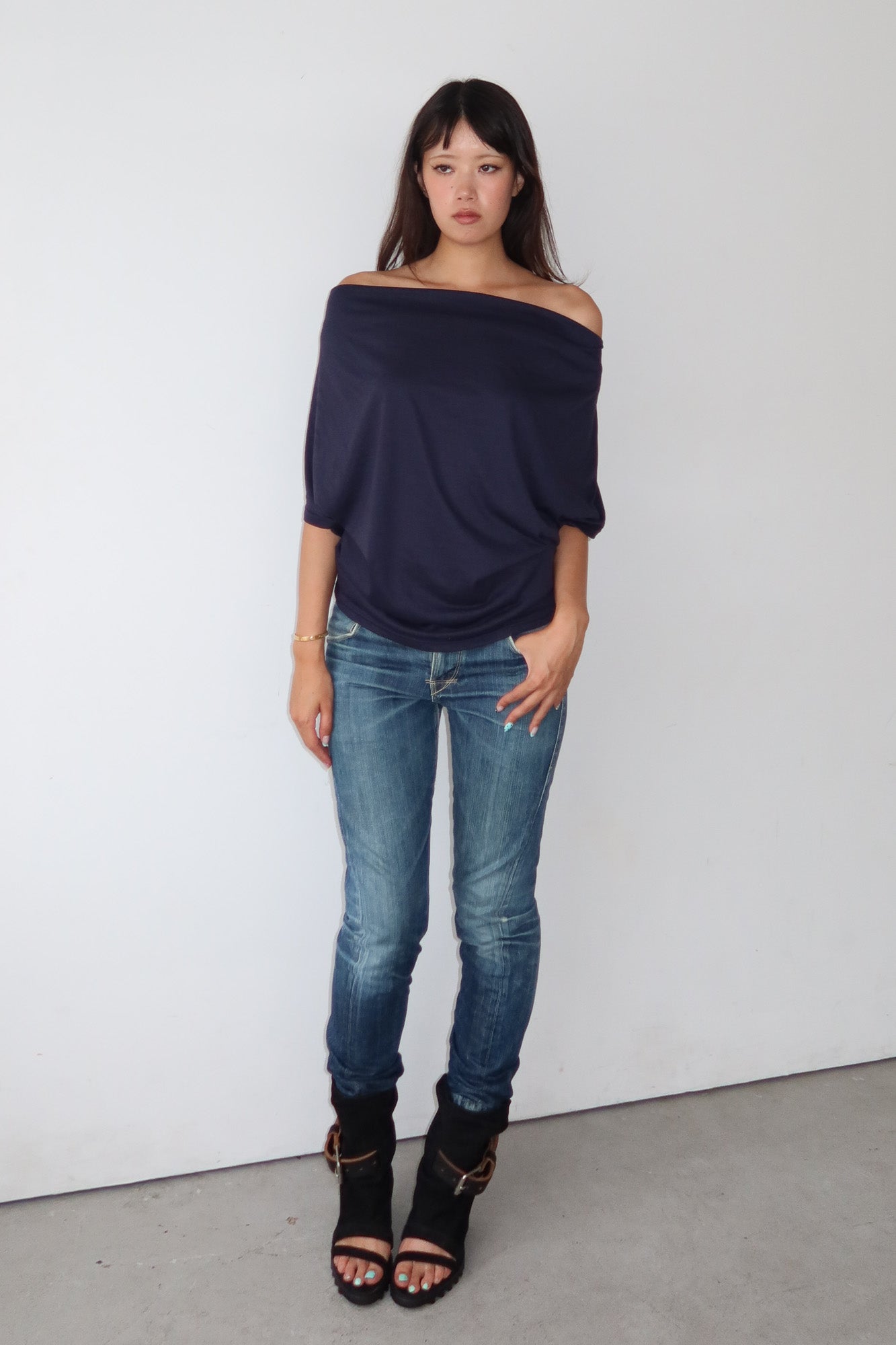 navy cowl neck top