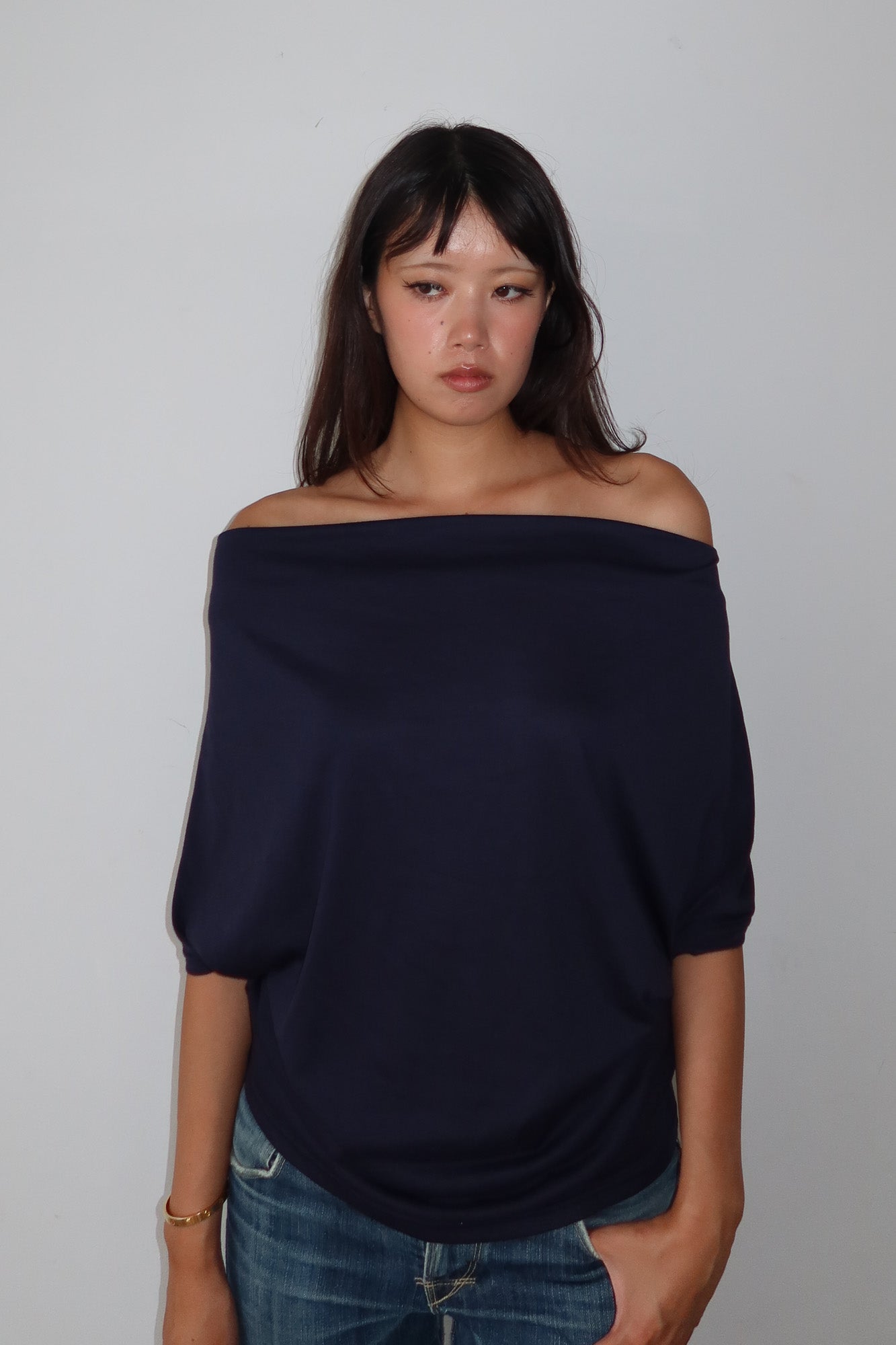 navy cowl neck top
