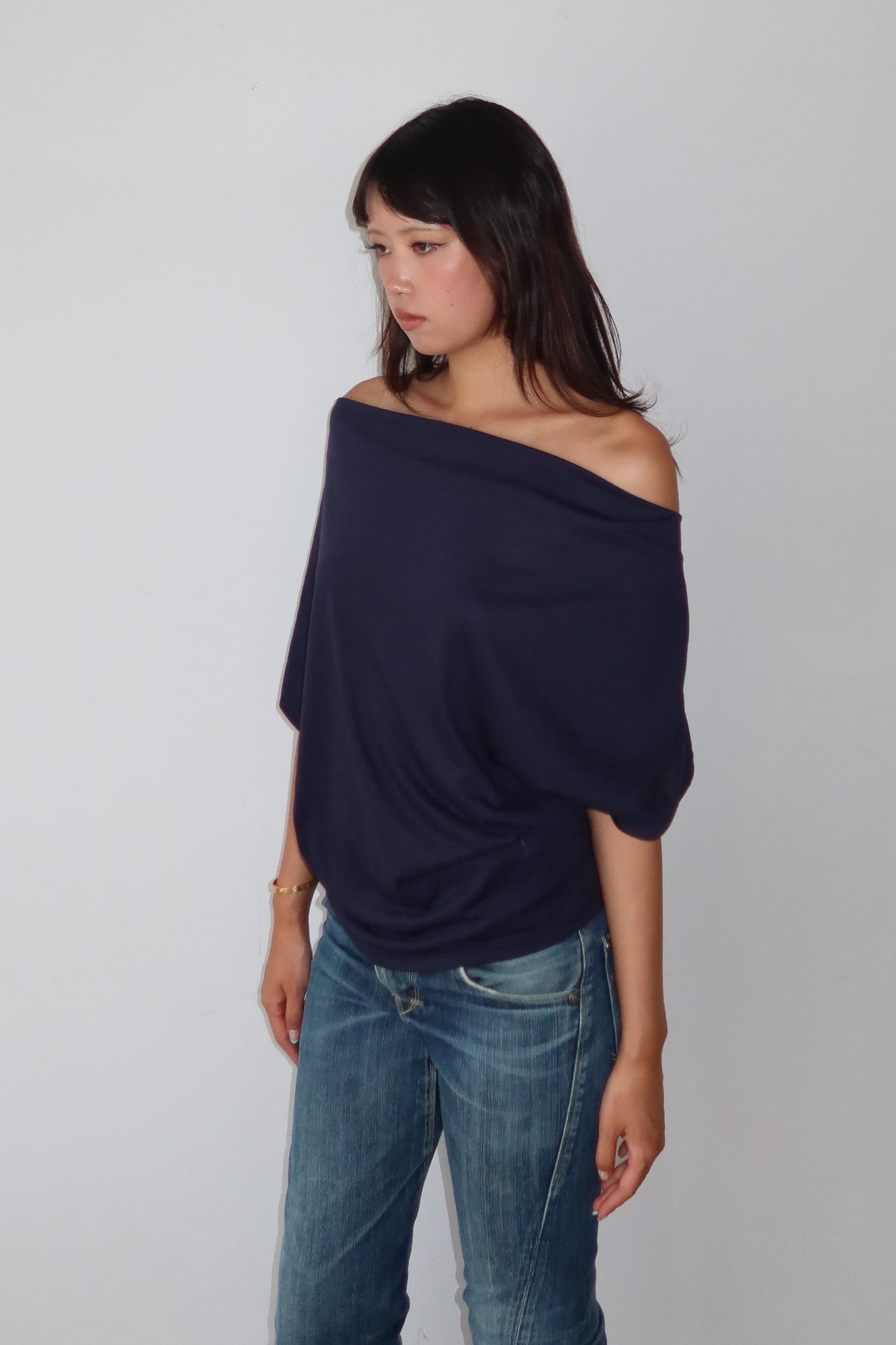 navy cowl neck top