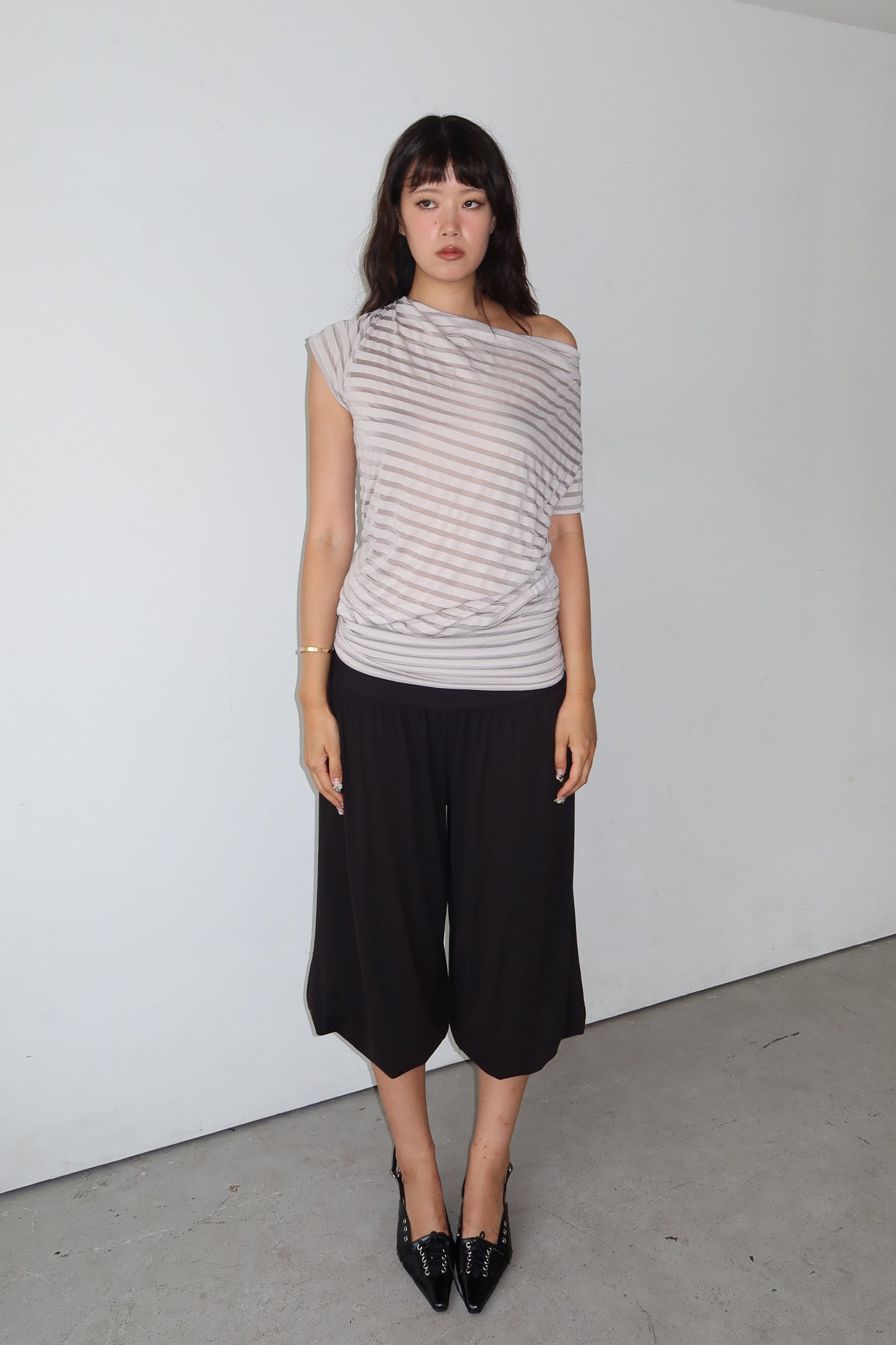 stripe off shoulder top with drapey back