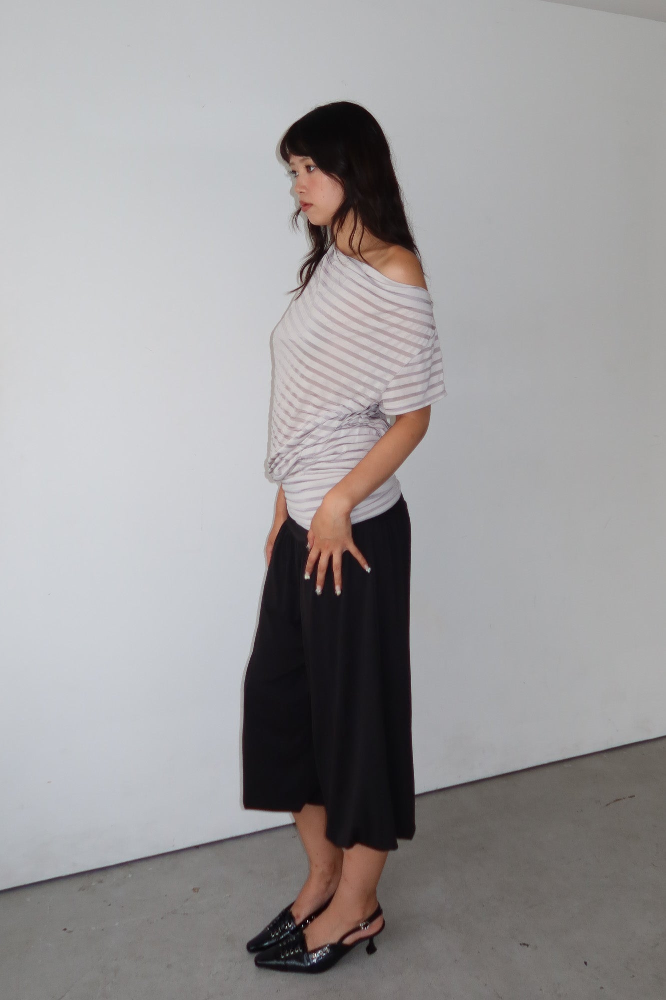 stripe off shoulder top with drapey back
