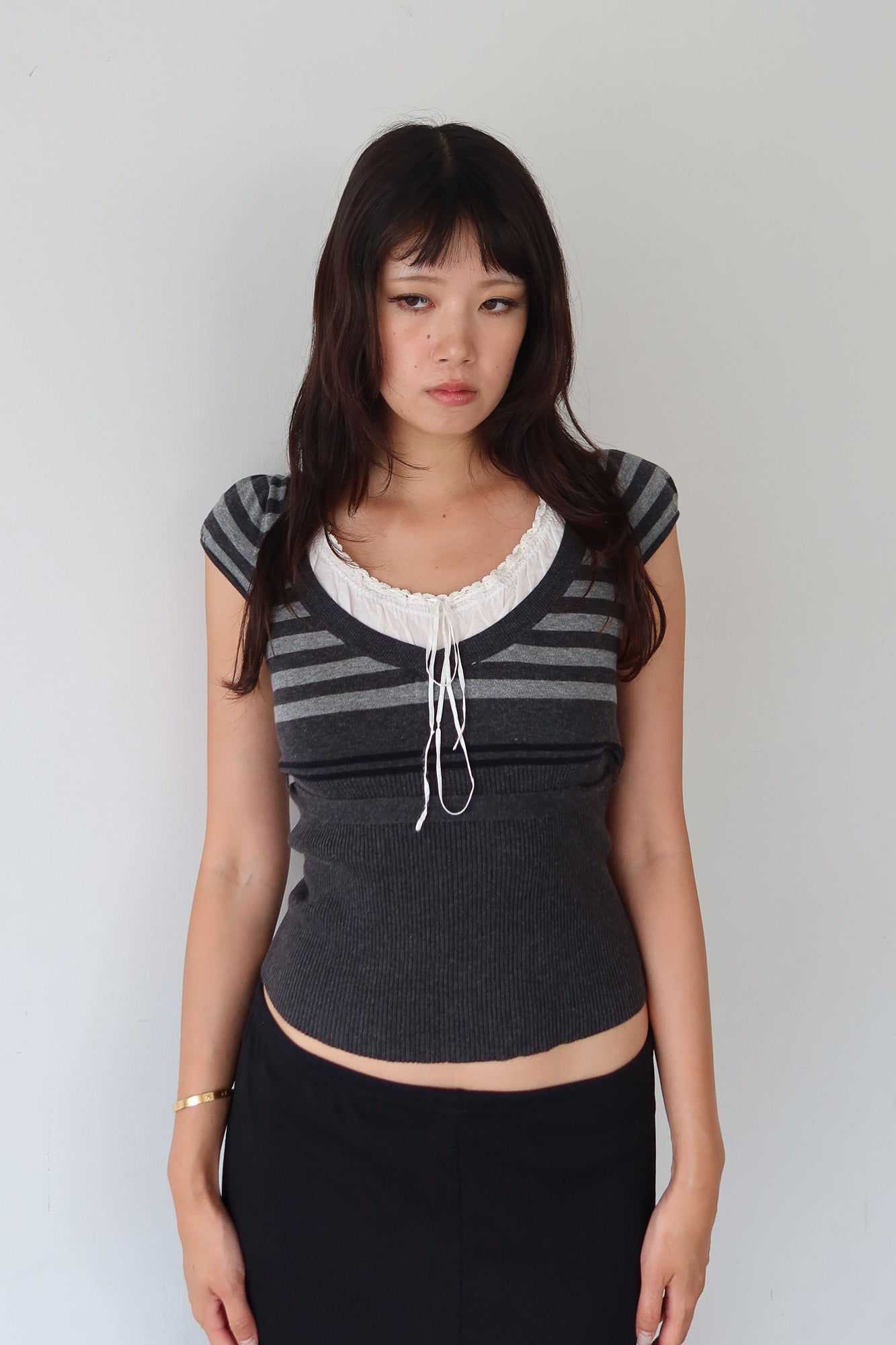 layered ribbon knit tie top