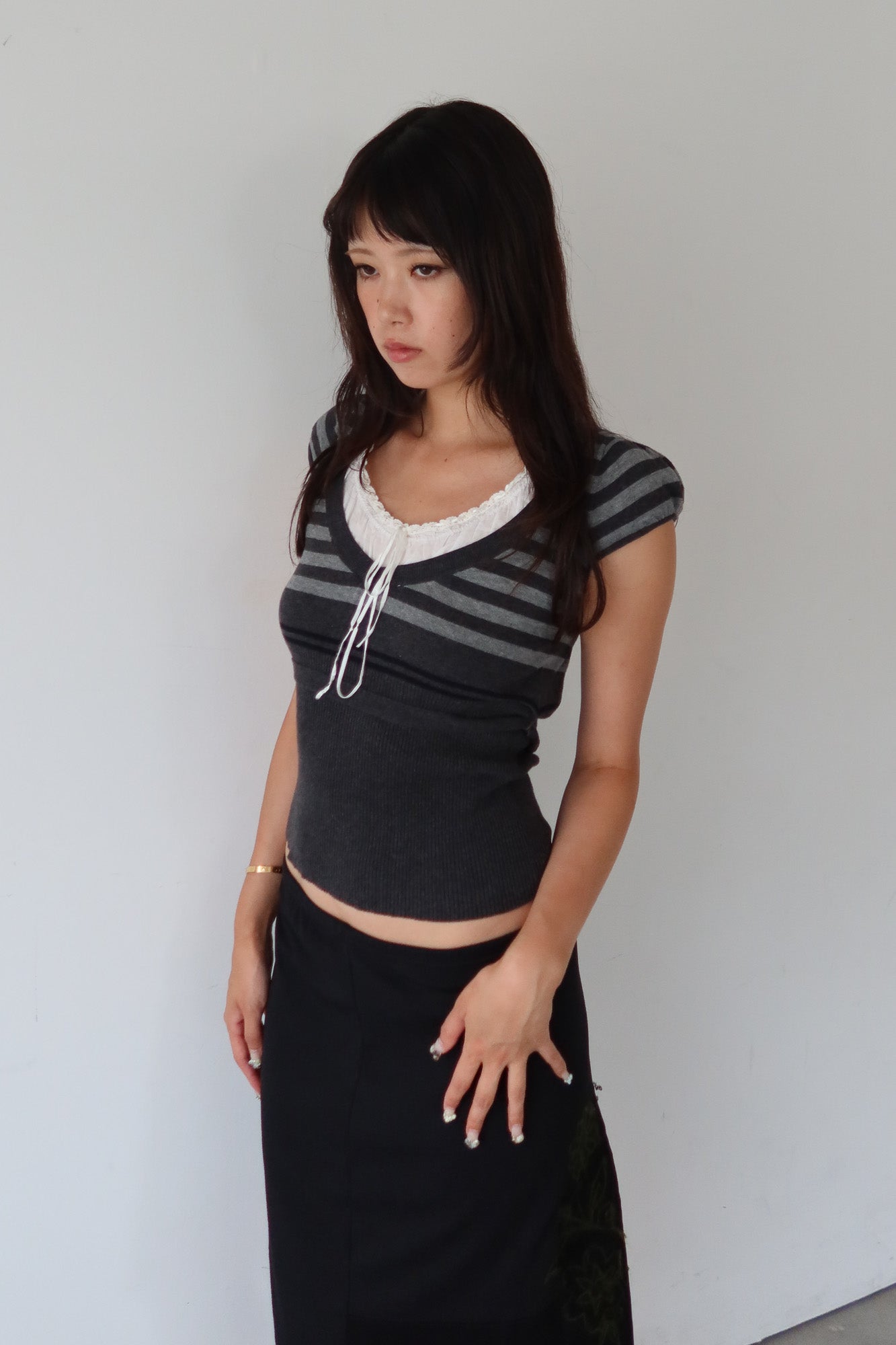 layered ribbon knit tie top