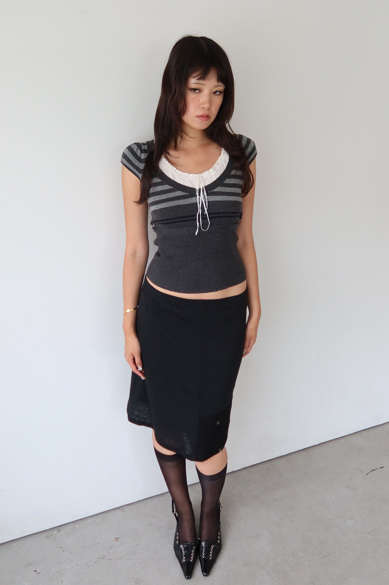 layered ribbon knit tie top